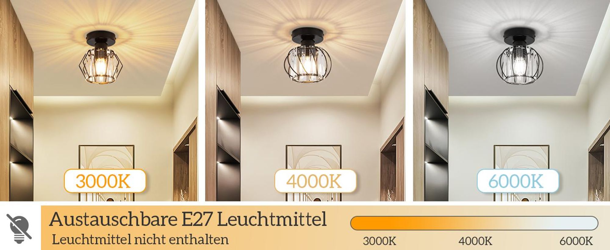 ZMH Plafondlamp Kristal, ganglamp, E27, zwart. Plafondlamp met metalen frame, geschikt voor keuken, gang, balkon, woonkamer, hotel