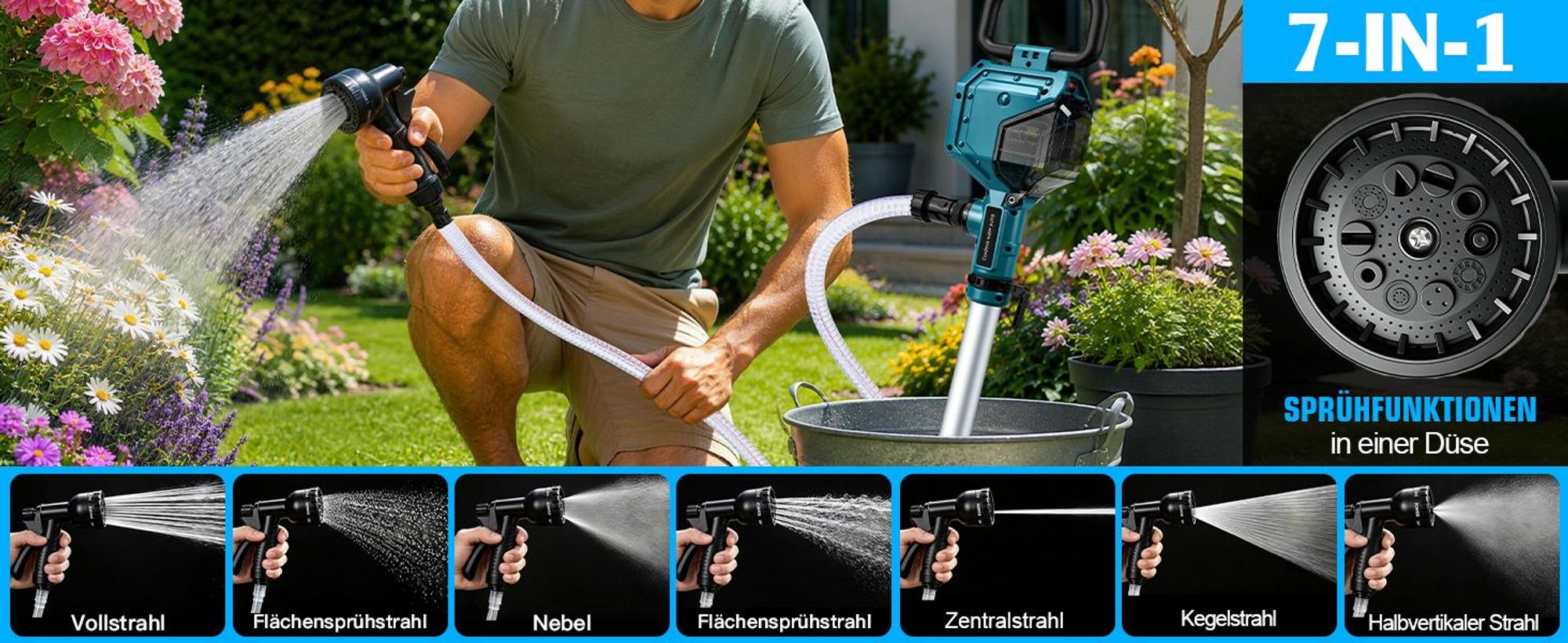 3600 L/h Akku Regenfasspumpe mit 2×4,0Ah 10m Förderhöhe Kabellose Stab-Transferpumpe Gartensprühdüse Wasserpumpe für Pool/Garten/Teich/Wohnmobil/Boot