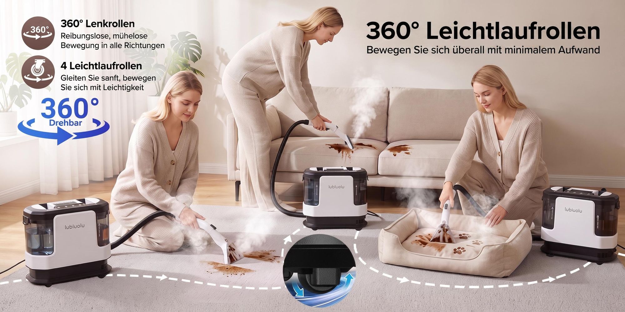 Lubluelu V11 Polsterreiniger Waschsauger Teppichreiniger 30KPa Dampffunktion 4 Modi 1900W mit 1,9L+1,1L Doppeltank für Sofa Auto Matratze Touchdisplay