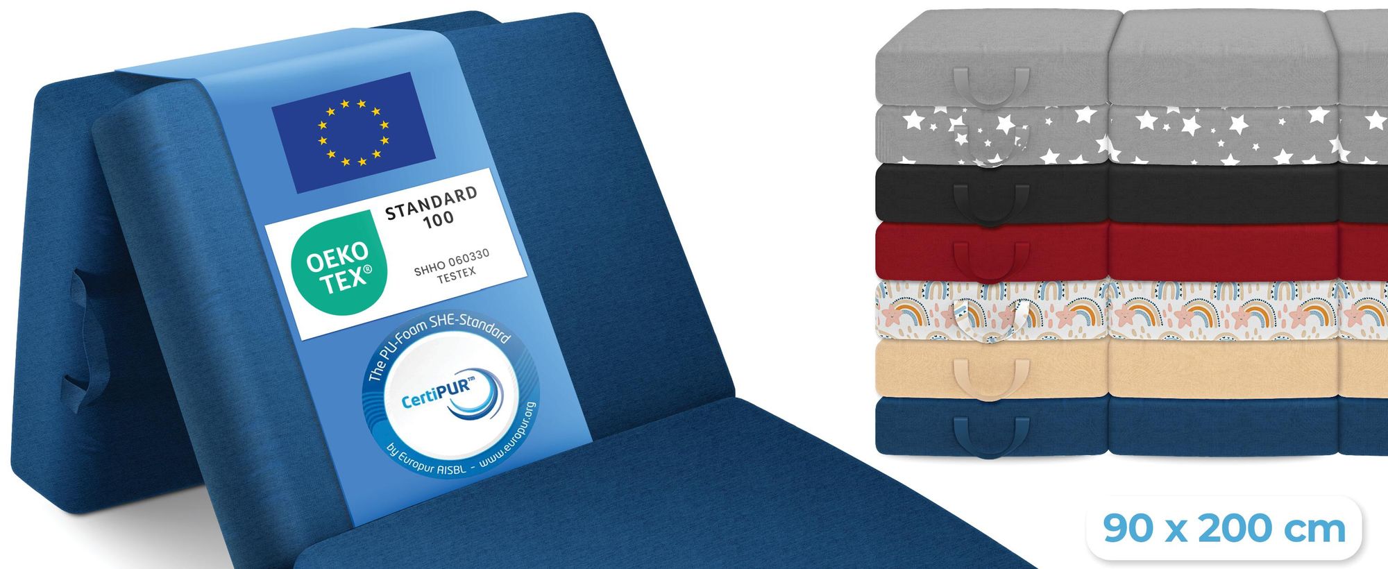 ELONEO Opklapbare matrassen, gastenmatrassen, 3-delige opvouwbare matrassen, extra dik schuim (15 cm), geschikt voor mensen met rugproblemen, opklapbaar, opvouwbare matras (blauw)