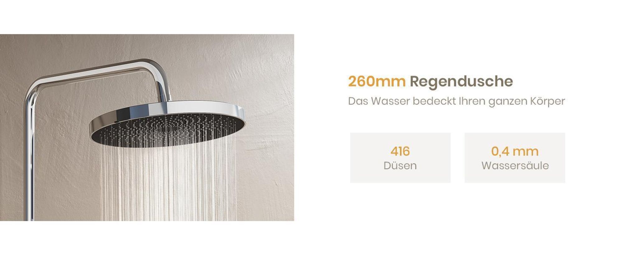 EMKE Duschsystem mit Thermostat Chrom Einstellbarer Wasserfluss 260mm Rund Regendusche, Vorlauf & Badewannenauslauf F28