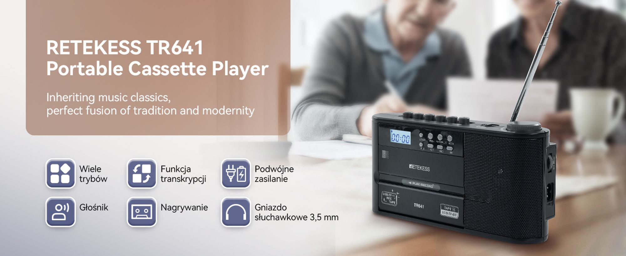 Odtwarzacz kasetowy Retekess TR641, magnetofon, radio FM AM, karta USB/TF, połączenie bezprzewodowe, zasilanie bateryjne lub sieciowe
