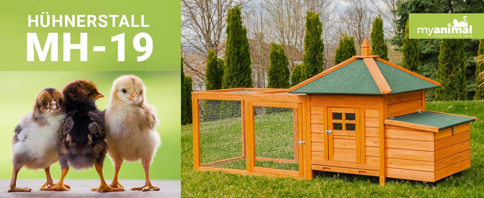 MyAnimal Hühnerstall MH-19 | Für 3-4 Hühner - Hühnerhaus - 2 Sitzstangen - Nistkasten - Eiablage - Freilaufgehege - Wetterfestes Dach (Braun)