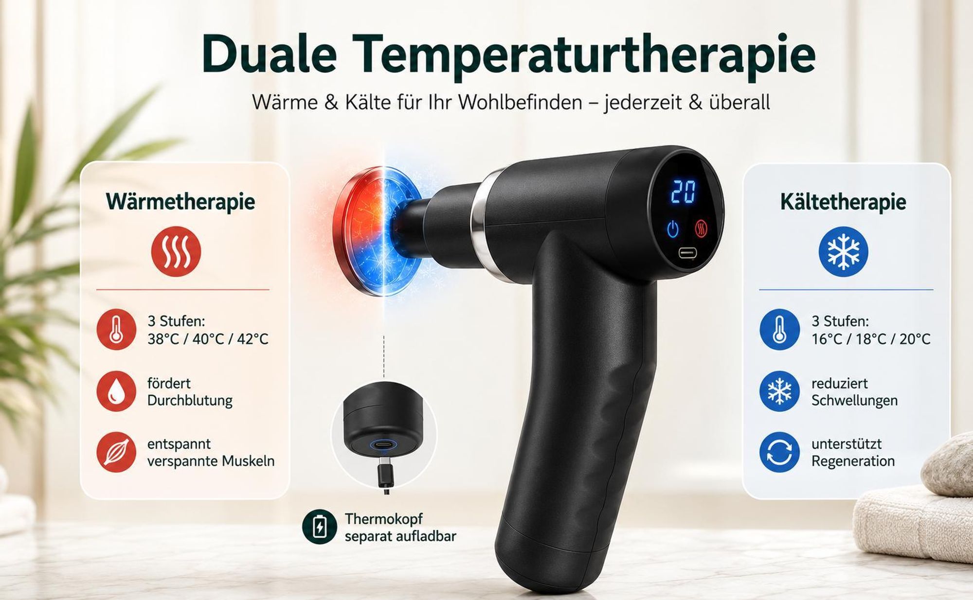 Massagepistole mit Wärme und Kältefunktion, Massage Gun für Tiefengewebe, 20 Stufen,LCD-Touchscreen,7 Massageköpfe für Nacken Rücken Muskelentspannung