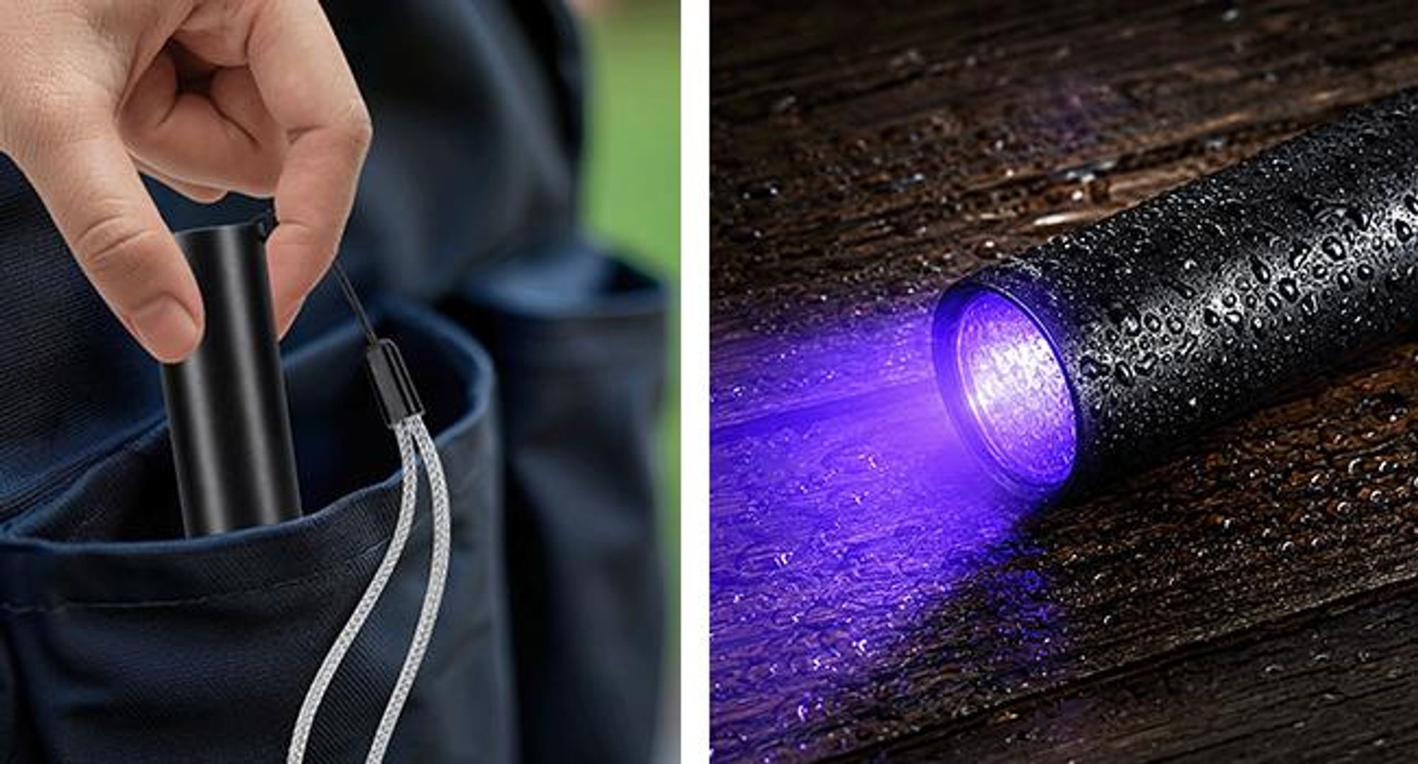 KRUMAD UV Taschenlampe, Schwarzlicht Lampe, Mini UV Lampe, UV LED Stiftlampe, wiederaufladbar, USB, mit Handschlaufe, Schwarz
