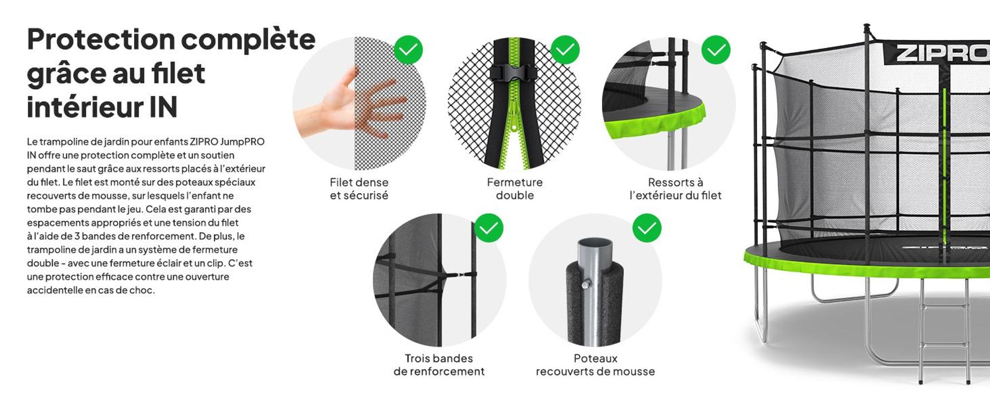 Trampoline ZIPRO Jump Pro IN | 12FT Ø 374 cm | Trampoline de jardin Trampoline pour enfants Kit complet avec filet intérieur, échelle et housse de protection, extérieur, vert