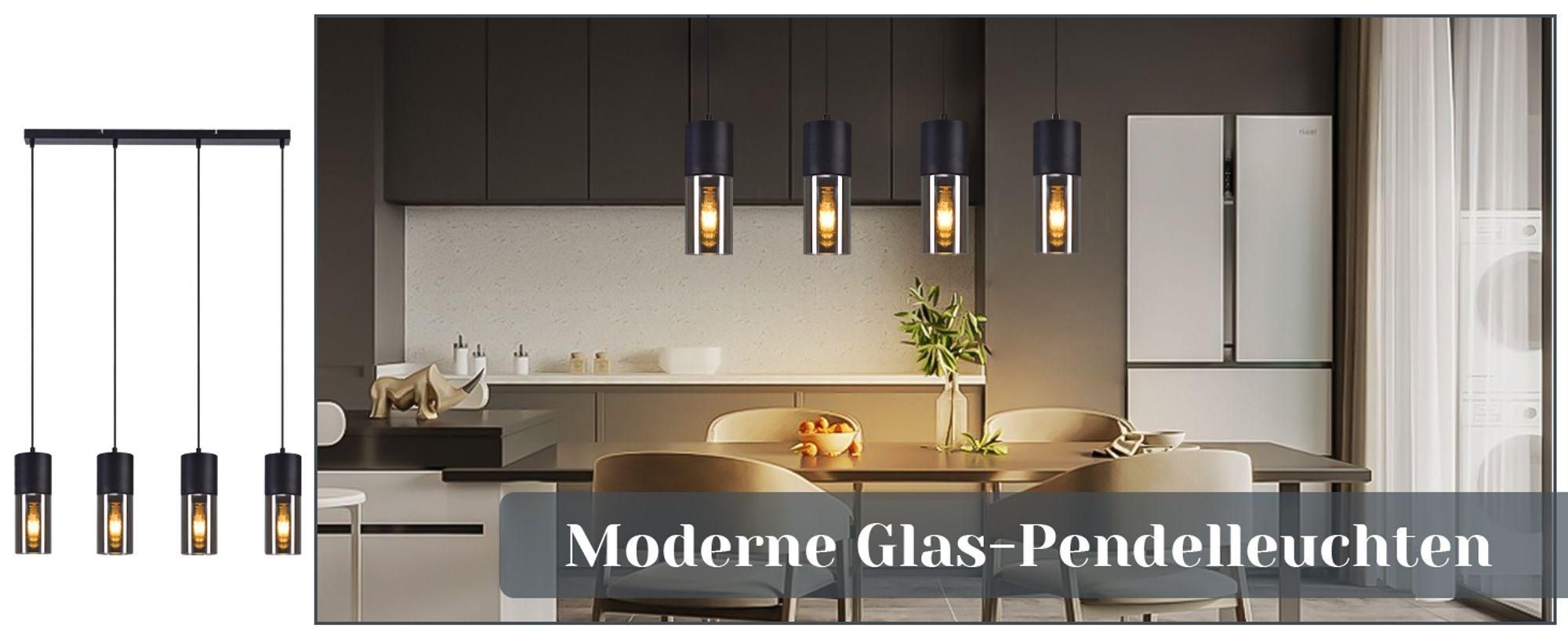 ZMH Hanglamp, eettafel, hanglamp, E27, pendellamp, 4 lichtpunten, verstelbare LED, modern, lampenkap van glas, zwart, kroonluchter voor keuken, woonkamer, slaapkamer