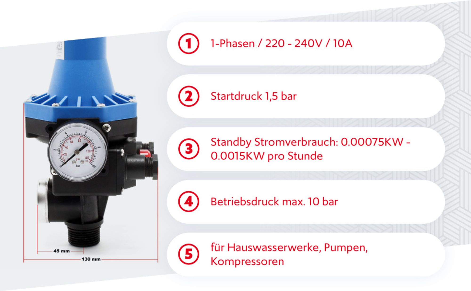 Wiltec Druckschalter mit Kabel SKD-3 230V bis 10 bar, Druckwächter mit Trockenlaufschutz für Hauswasserwerke und Pumpen, zuverlässige Pumpensteuerung