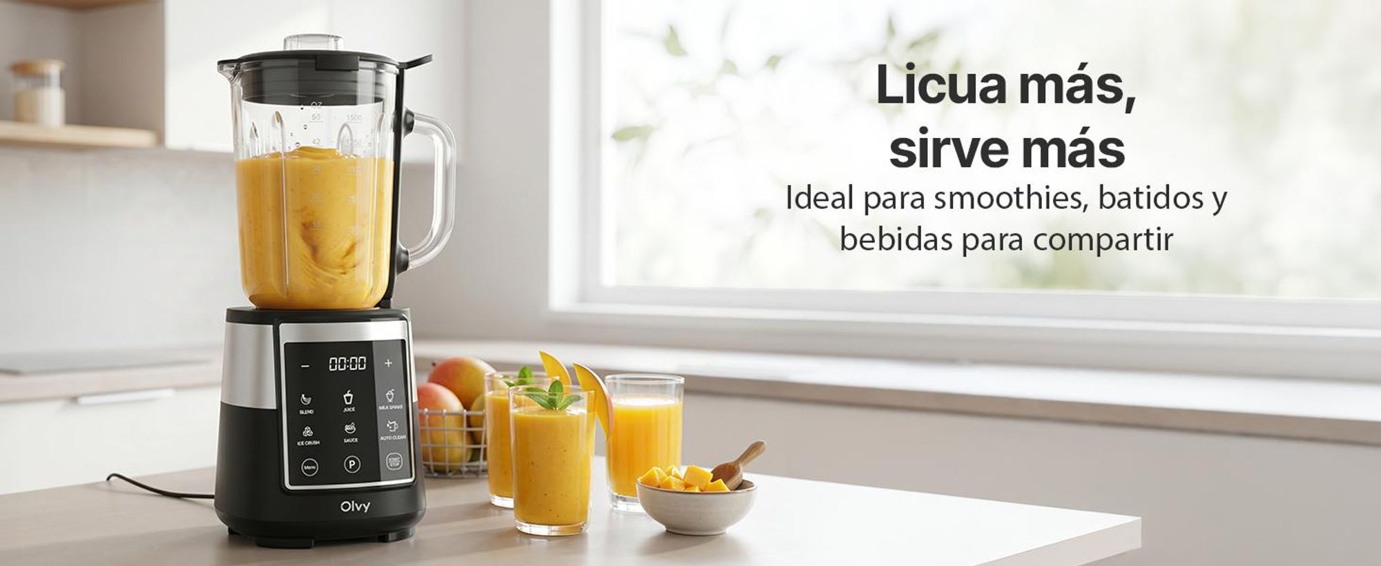 Olvy, batidora con recipiente de vidrio de 1,5 litros, vaso de Tritan de 600 ml, mezclador con pantalla táctil, función de pulsación y autolimpieza. Ideal para preparar batidos y triturar hielo