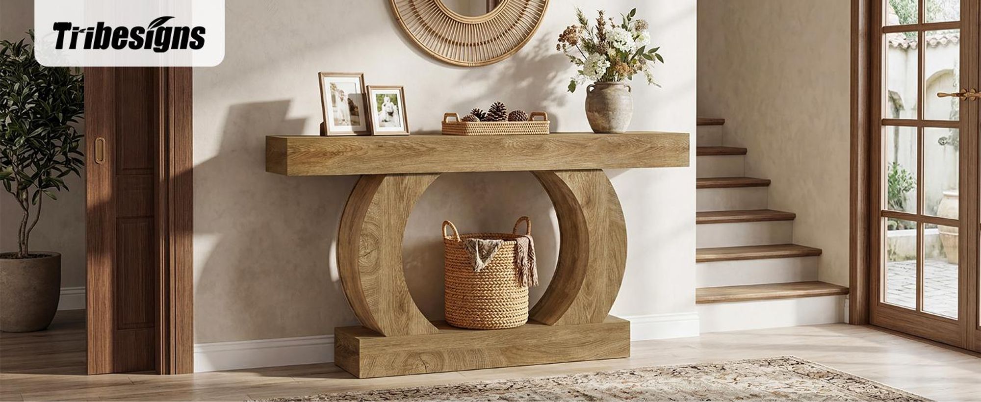Tribesigns Konsolentisch 150 cm, schmaler Flurtisch mit runder offener Basis und Zwei Ablageflächen, Landhausstil, Eichen-Optik, Hellbraun