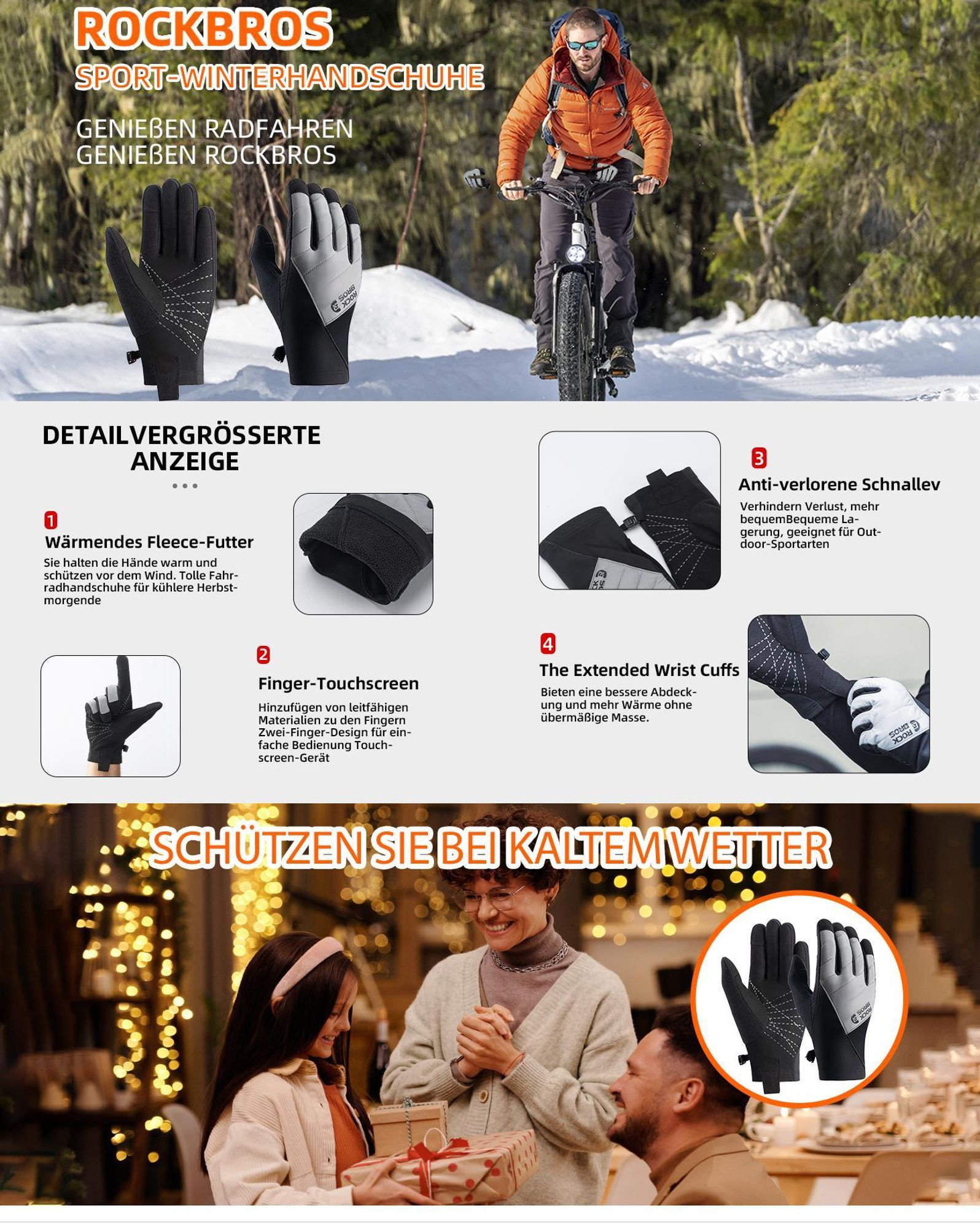 ROCKBROS Winter Fahrrad Handschuhe Touchscreen Sporthandschuhe Vollfinger Stoßfeste Fahrradhandschuhe zum Radfahren ‎Schwarz-grau L