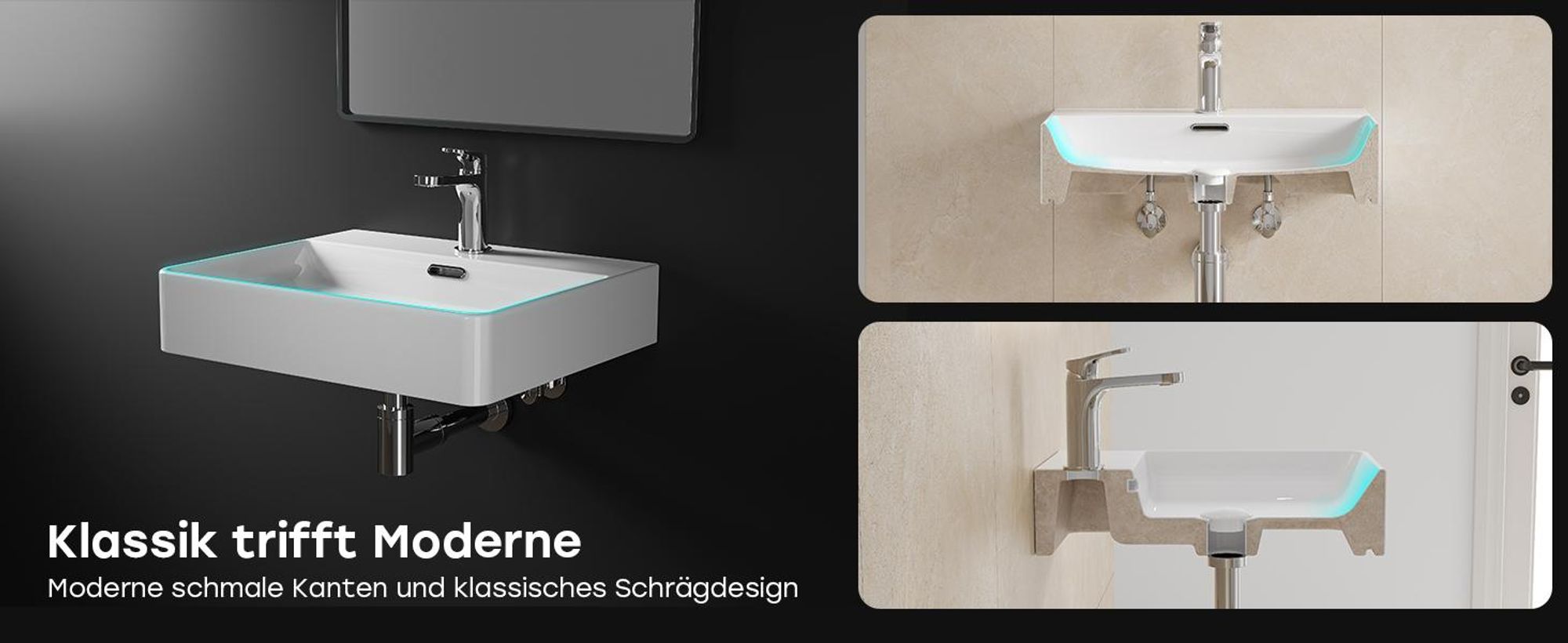 HOROW 50cm Waschbecken Wandmontage Waschtisch Keramik Hängewaschbecken Rechteckig Aufsatzwaschbecken mit Hahnloch und Überlauf für Klein Gäste WC