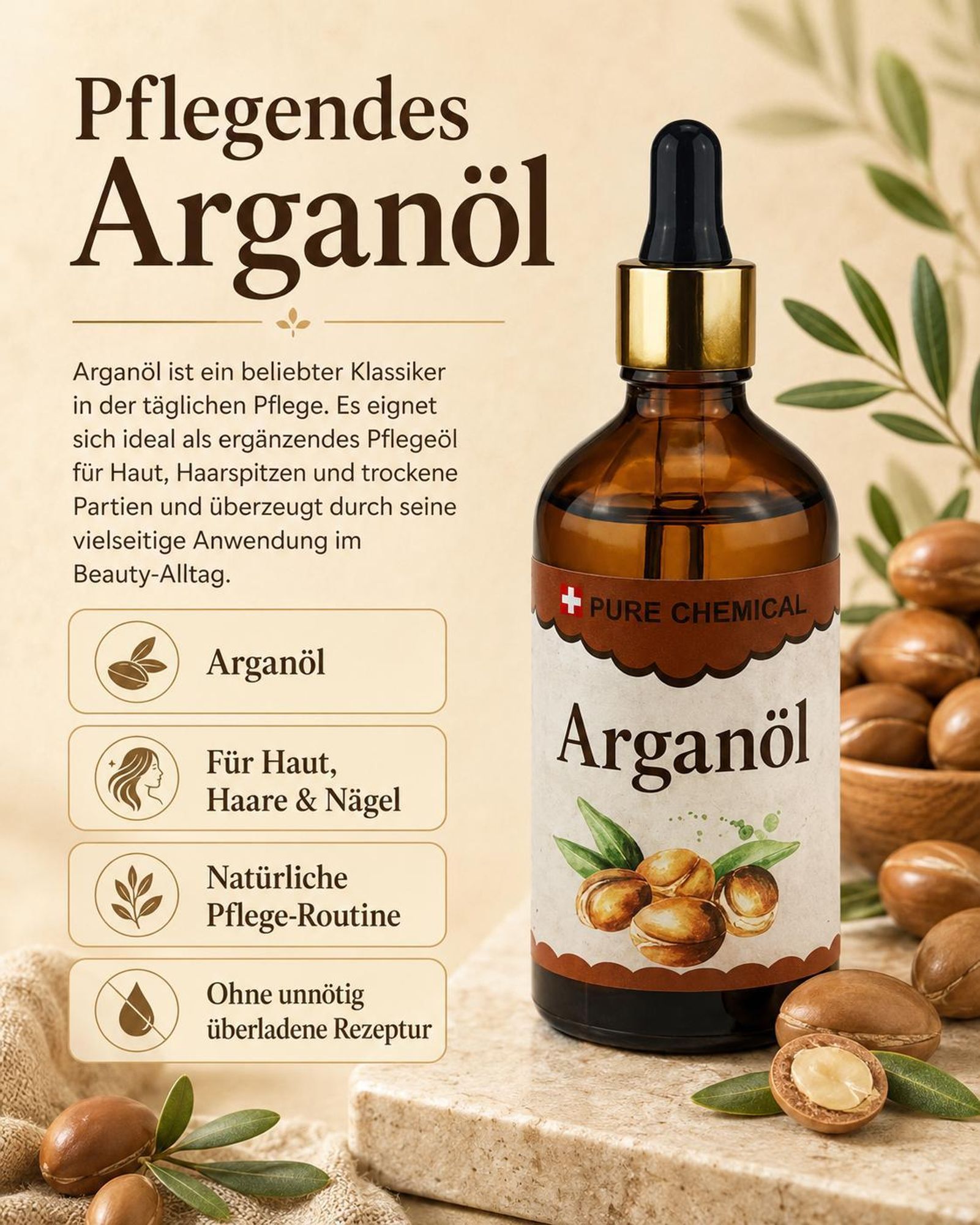 PURE CHEMICAL | Arganöl | Haaröl | Hautöl | Kaltgepresst | 100 ml