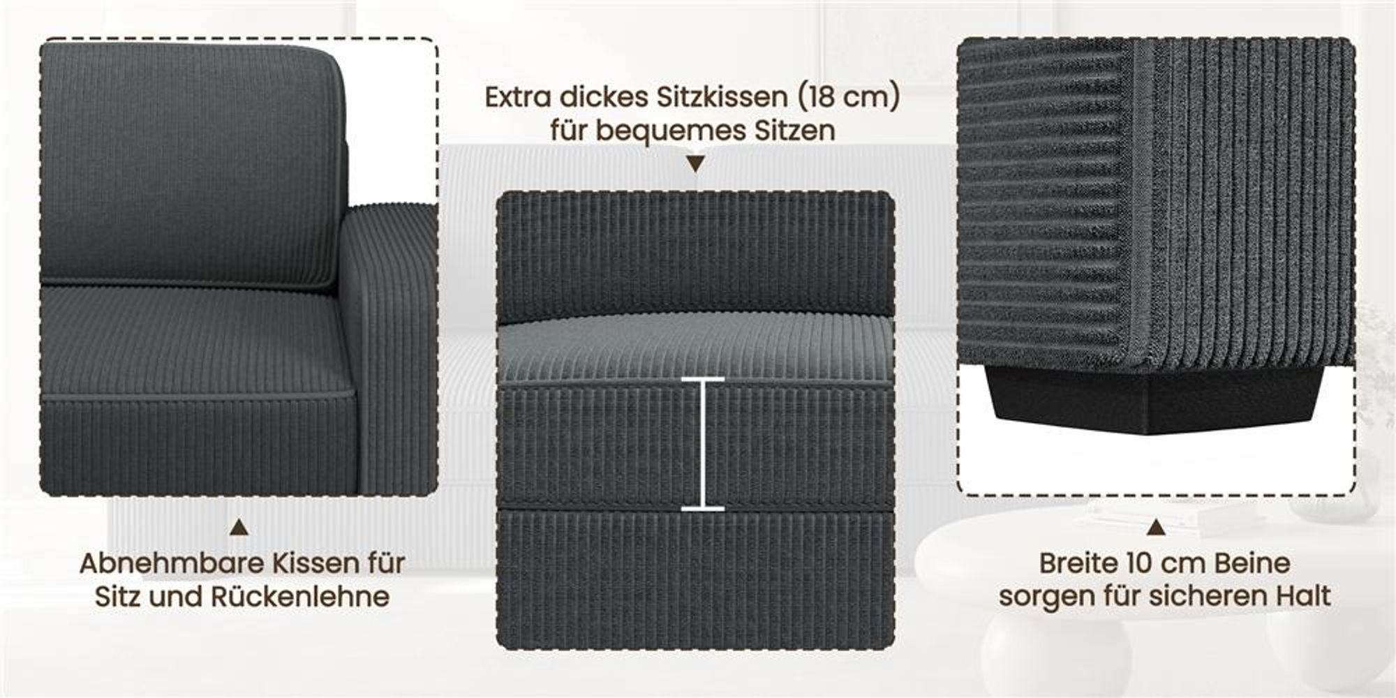 Yaheetech 3-Sitzer Sofa aus Cordstoff, 212 cm breit, Polstersofa mit Kissen &  Rückenlehne & Armlehnen, Dunkelgrau