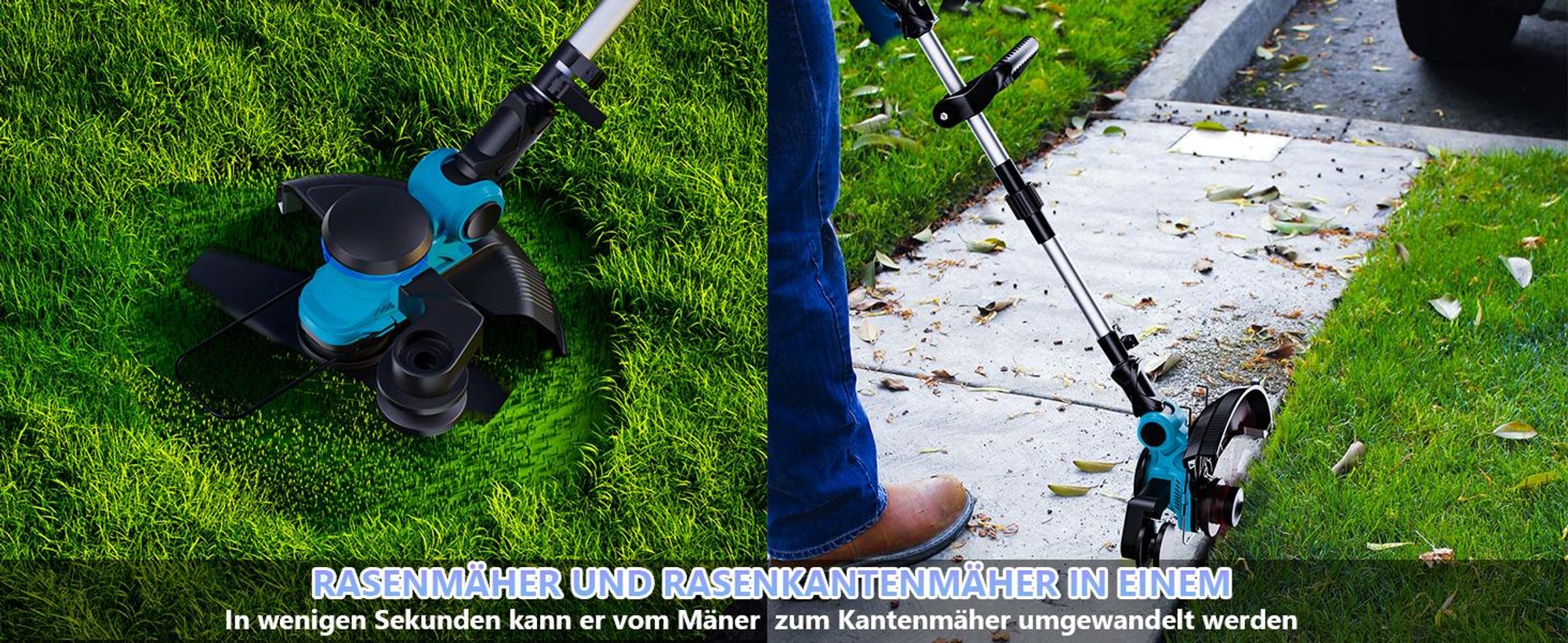 Akku Rasentrimmer 1000W Bürstenloser Motor 4-in-1-Rasentrimmer, mit 21V 2x 4,0Ah Akku Freischneider Gartengeräte, Teleskopstiel, 26 cm Schnittkreis