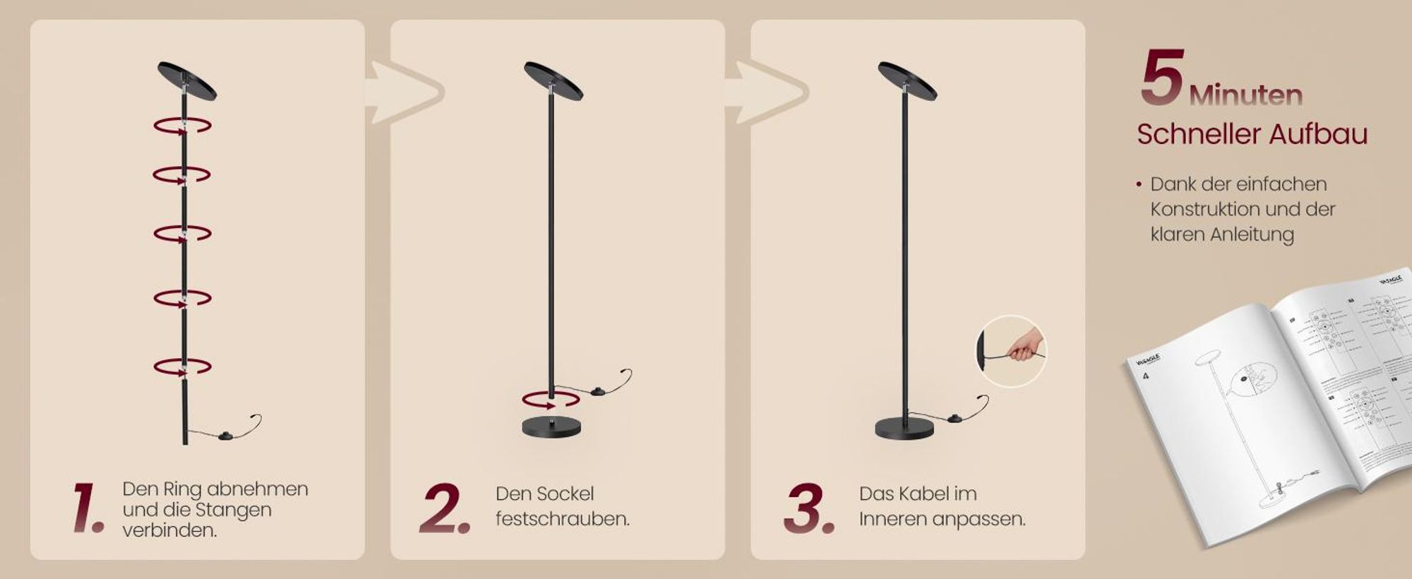 VASAGLE LED Standleuchte 30W, drehbarer Kopf, Stehlampe mit Fernbedienung, Timer, für Schlafzimmer, Memory-Funktion, schwarz