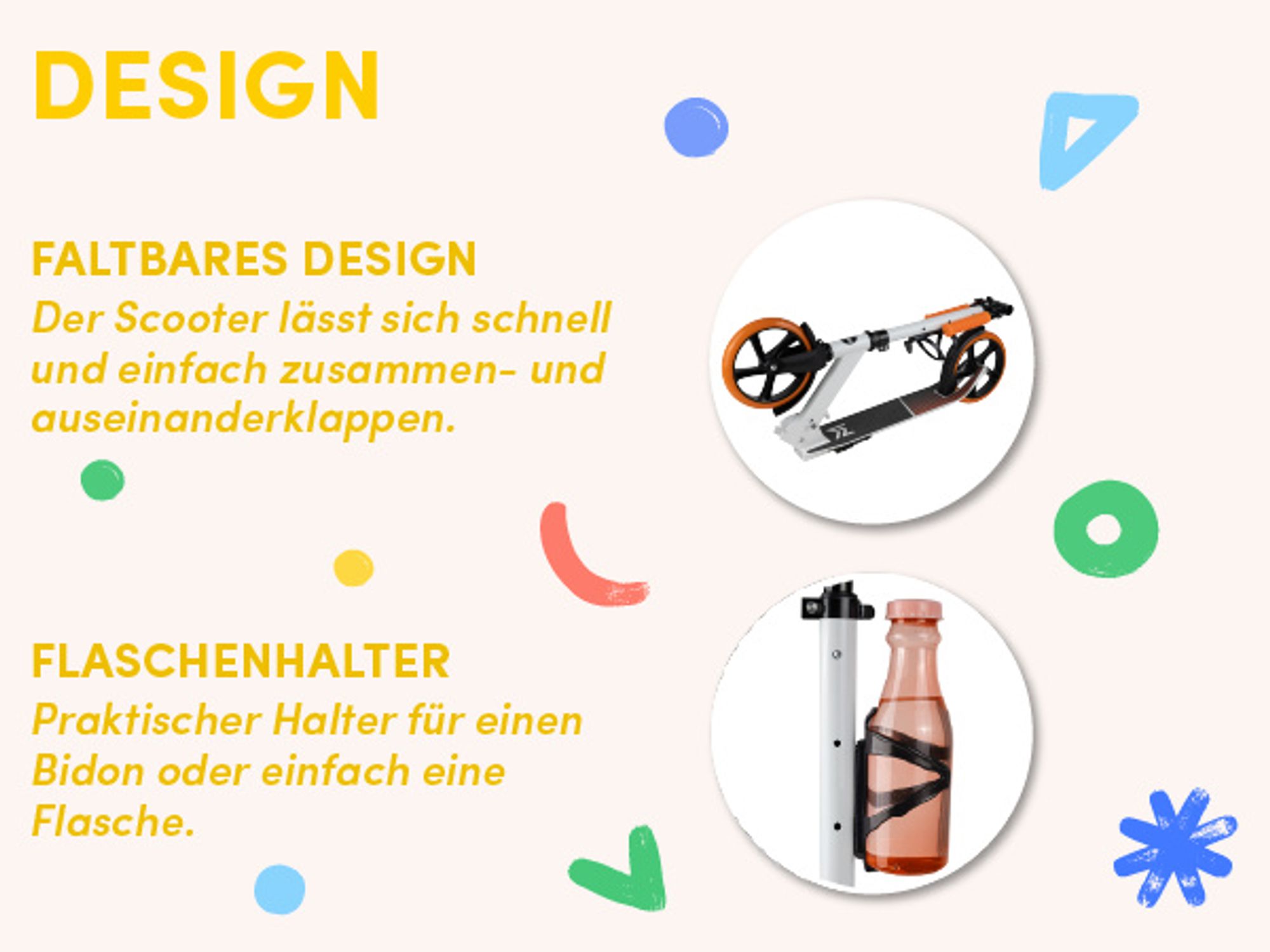 MalPlay | Scooter Cityroller mit Tragegurt | Roller für Kinder | ab 6 Jahren | Flaschenhalter Räder | bis 100kg | klappbar Tretroller | Orange