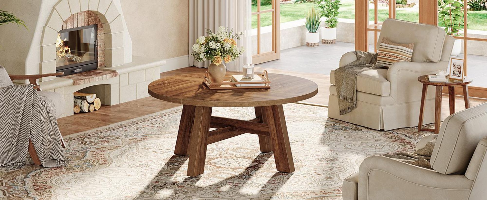Tribesigns runder Couchtisch, 100 cm Mid-Century Modern runder Couchtisch mit verstärkter Kreuzstrebe, niedriger Holztisch für Wohnzimmer, Walnuss
