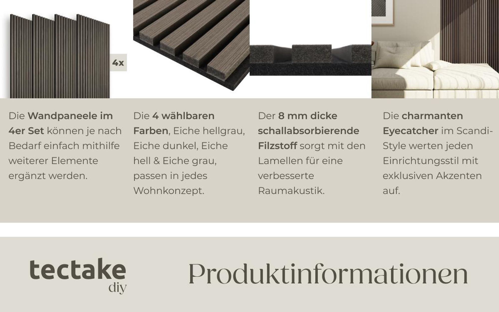 tectake® Akustikpaneele Sonic Wall Holzoptik in Eiche grau je 60 x 120 x 2,1 cm, Größe flexibel anpassbar