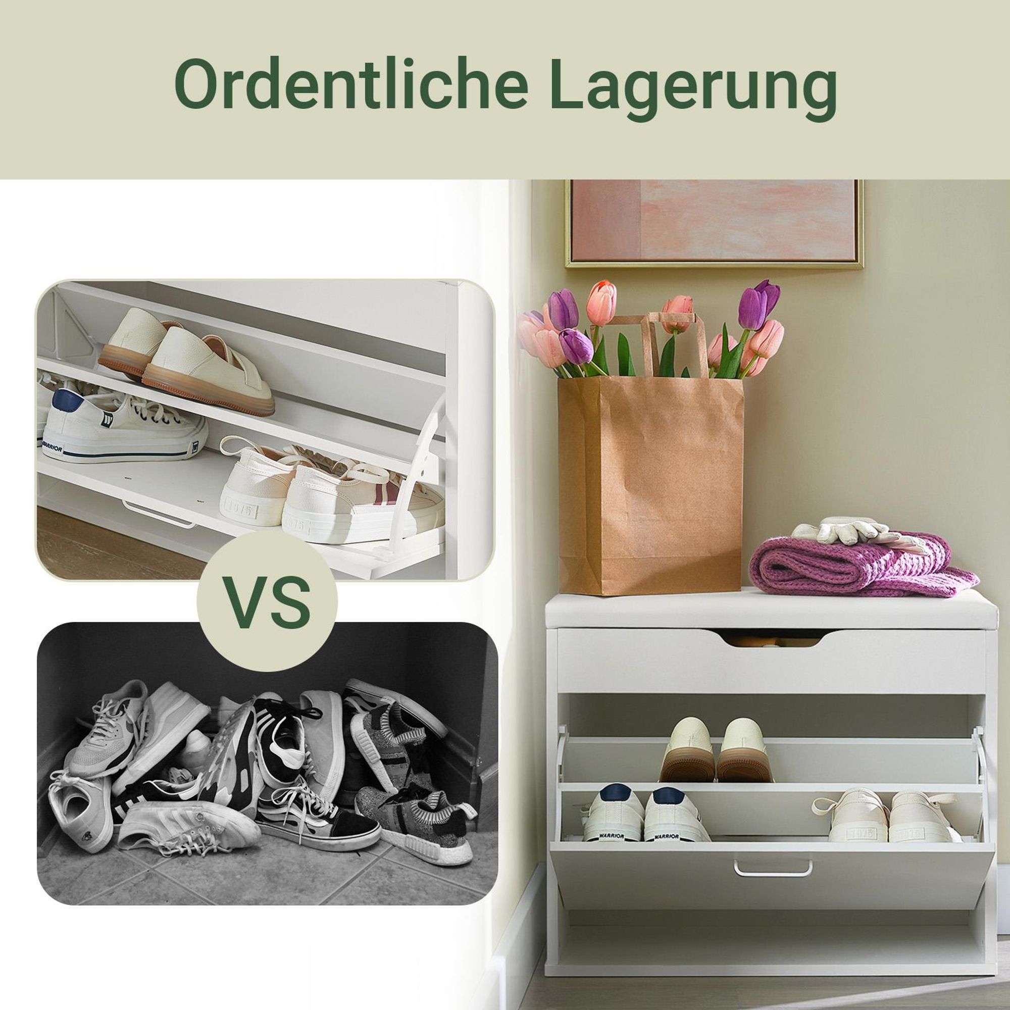 SoBuy Schuhbank mit Sitzfläche und Stauraum, schmale Sitzbank für Flur mit aufklappbarem Fach und Kissen, platzsparende Dielenbank für Eingang FSR95-W