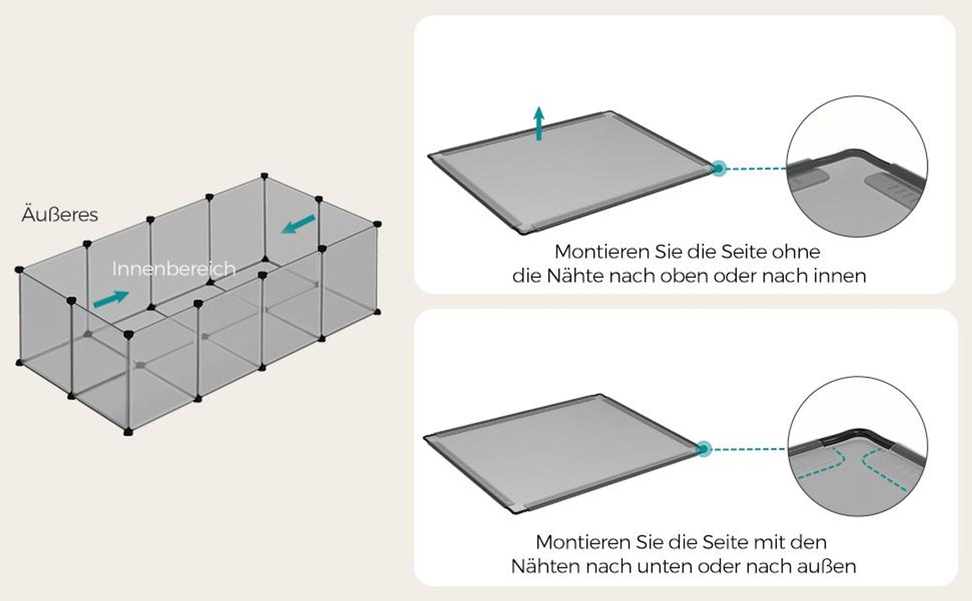 SONGMICS Kleintierkäfig, Freigehege mit Bodenplatten, 143 x 73 x 46 cm, grau