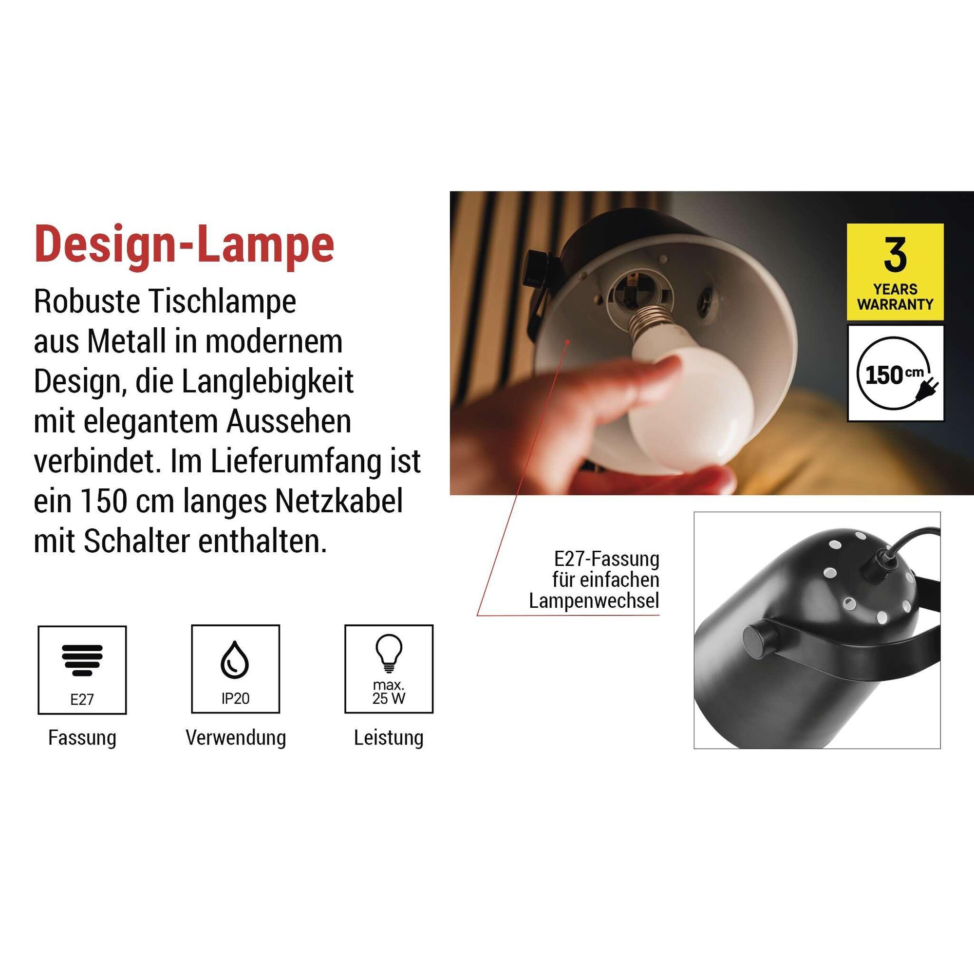 EMOS Design Schreibtischlampe NINA aus Metall mit E27-Fassung, Nachttischlampe mit 150 cm Kabel und Eurostecker, ohne Glühbirne, Schwarz, Z7642B