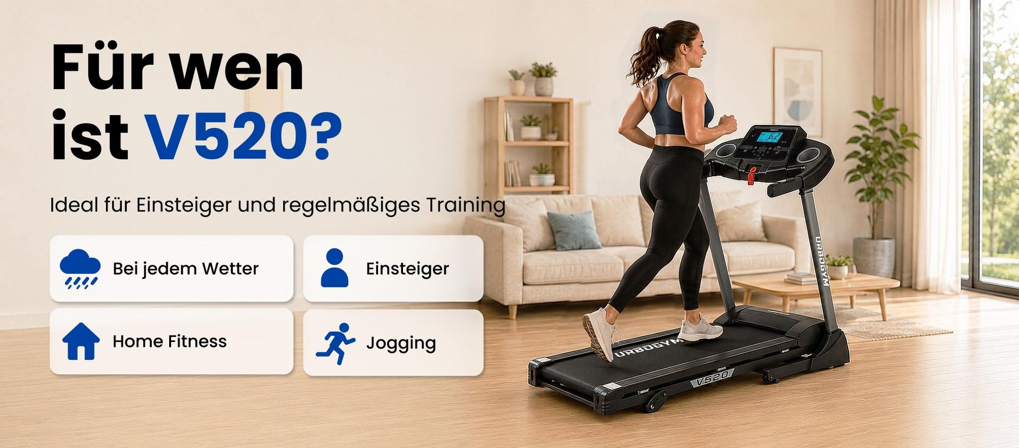 URBOGYM V520 Laufband klappbar bis 15 km/h, 1,5 PS, 12 Programme, 3 Steigungsstufen, Bluetooth, bis 130 kg