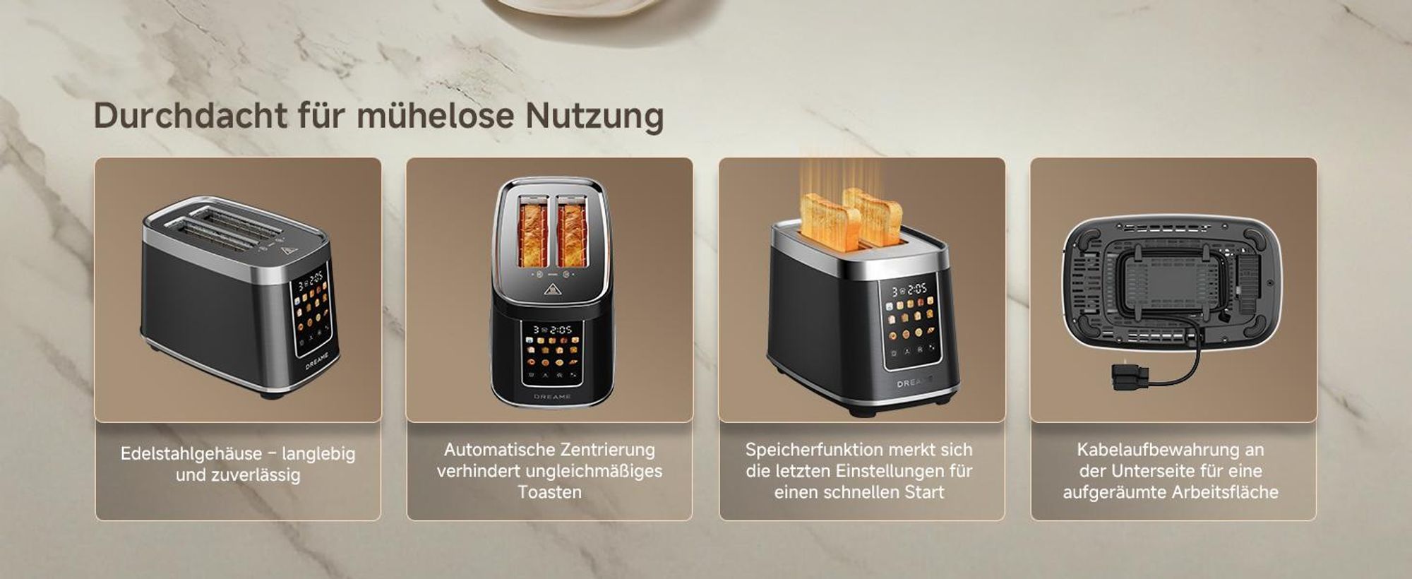 Dreame Smart Toaster 2 Scheiben,5,3-Zoll-IMD-Touchscreen,Motorisiertes Auto-Lift-Design,8 Brotprogramme&6 Bräunungsstufen,3 praktische Funktionen