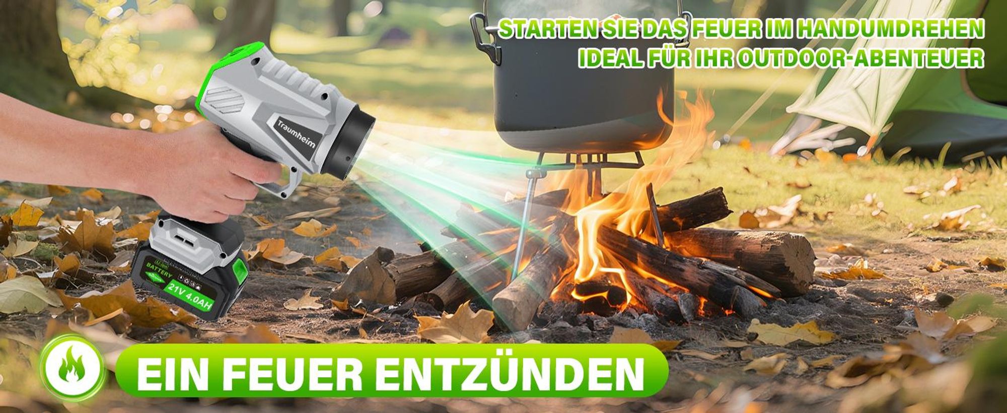 Akku Laubbläser, Handgebläse mit Turbostrahl 65m/s, 400CFM, Bürstenloser Motor, 2×4000mAh Akku, Leicht, Kabellos, Garten, Terrasse, Autoreinigung