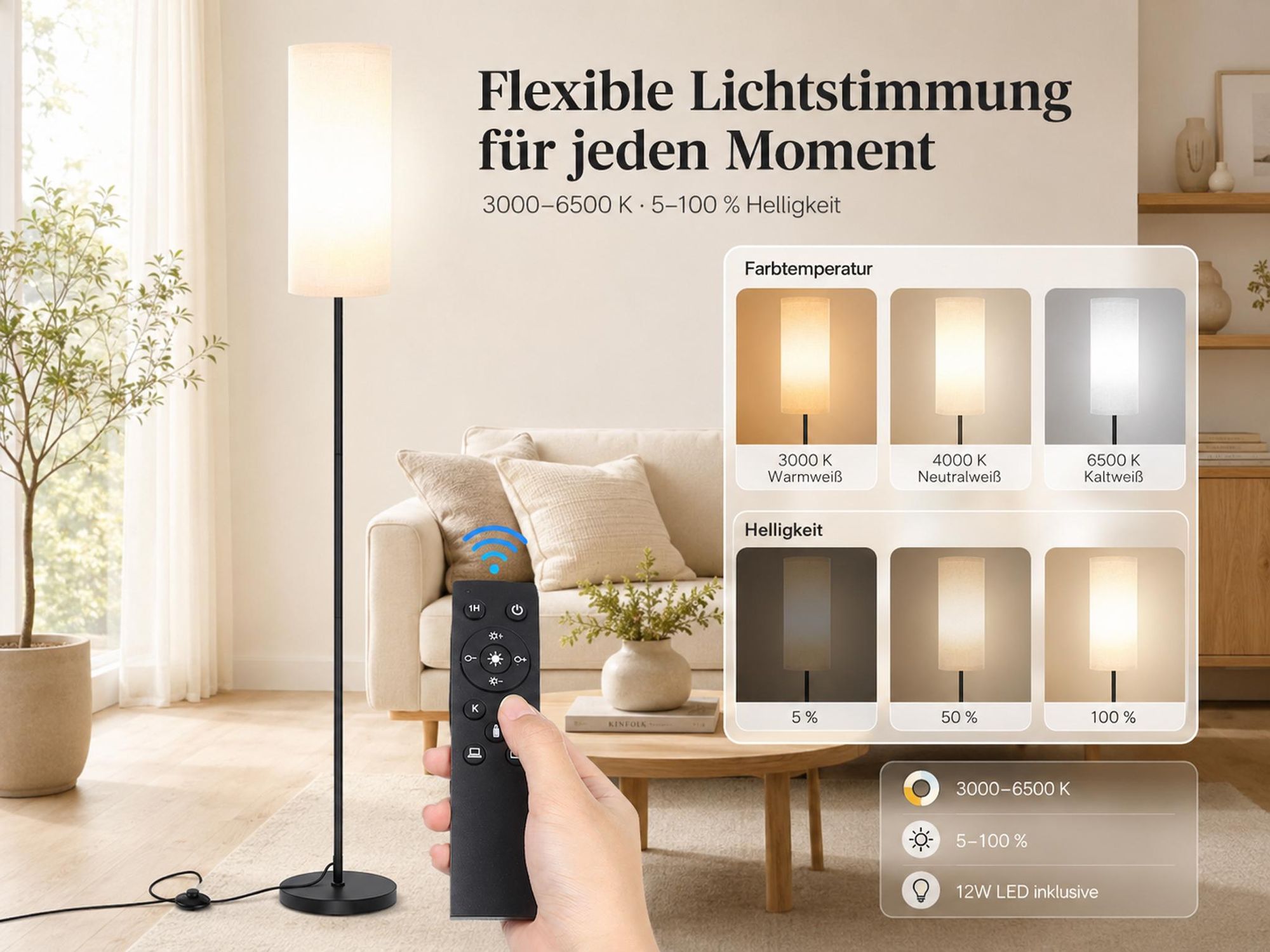 160cm LED Stehleuchte mit Leinenschirm Dimmbar Stehlampe mit Fernbedienung & Fußschalter Timer Nachtlicht Modus LED Lampe Warmweiß Retro Wohnzimmer