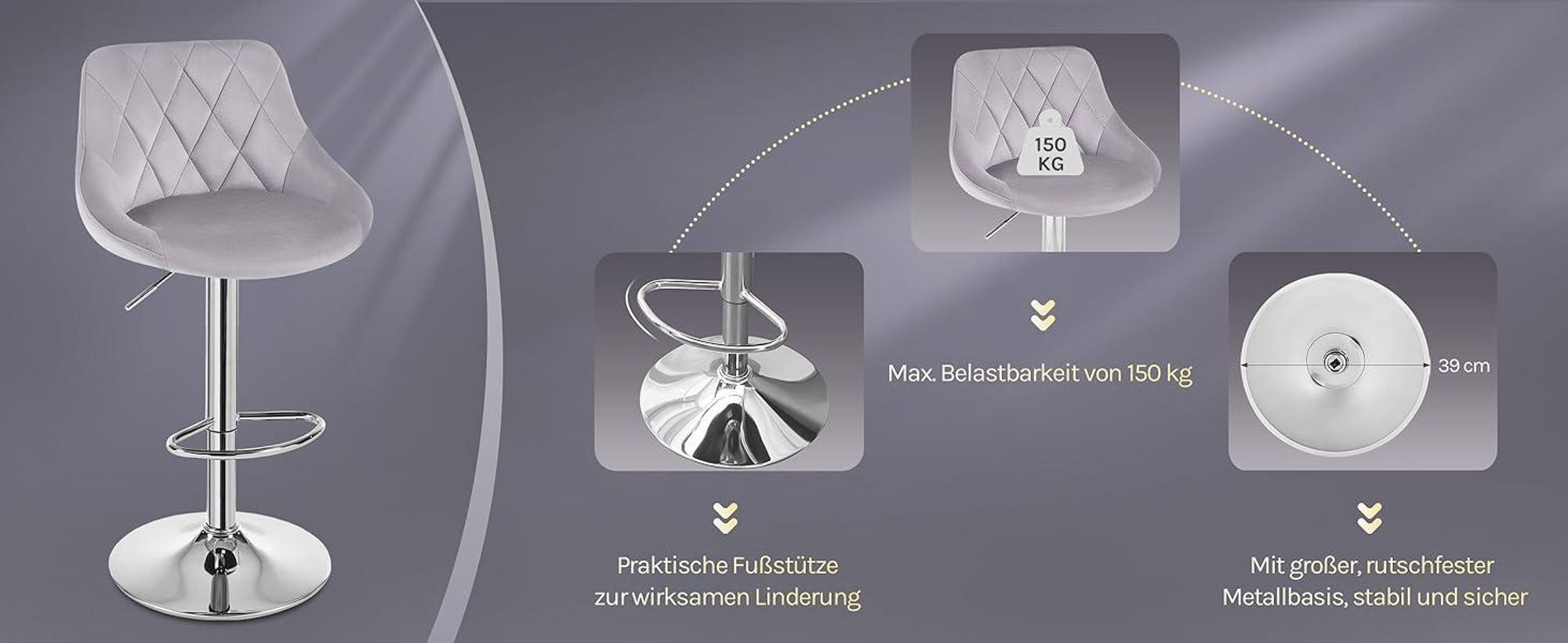WOLTU 2er-Set Barhocker Barstuhl mit gepolsterter Sitzfläche aus Samt , höhenverstellbar drehbar, Hellgrau