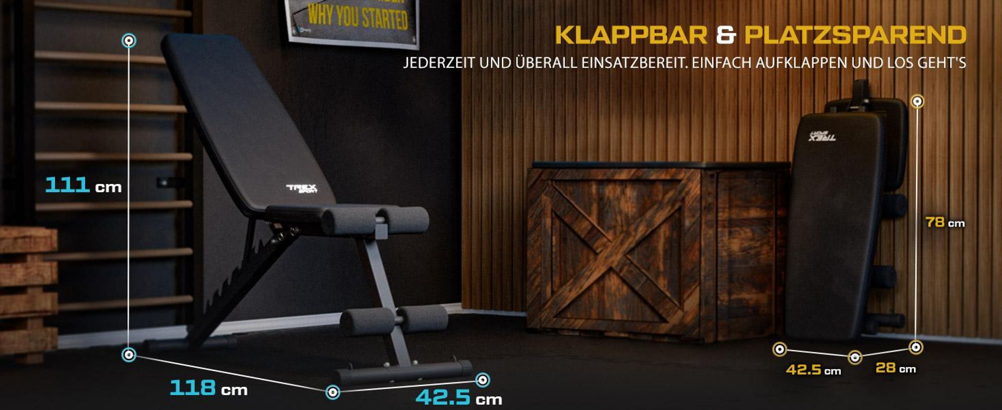 TREX SPORT Hantelbank klappbar TX-110B | Trainingsbank 7-fach verstellbare Rückenlehne | Home Gym Flachbank, Schrägbank inkl. Expander, rutschfest