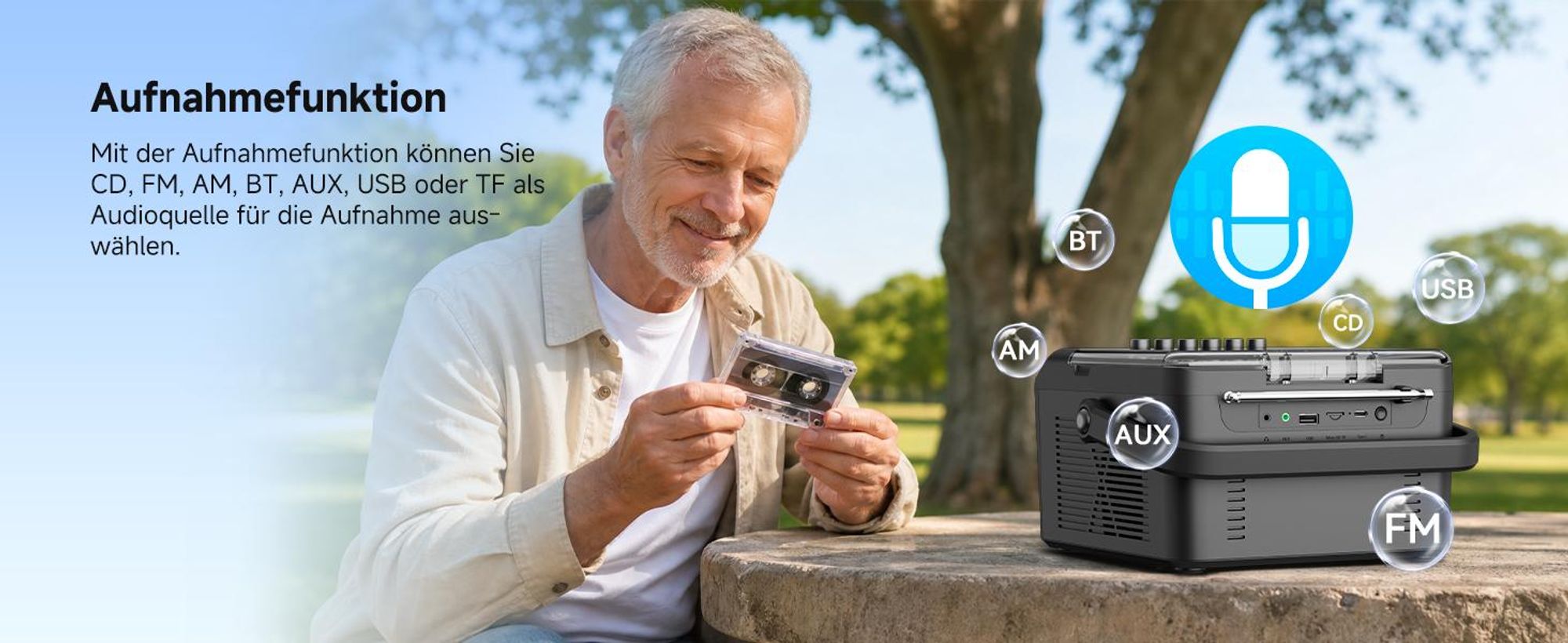 Retekess TR642 CD Player mit Kassette,3W Lautsprecher,Stereo, Bluetooth,AM/FM-Radio,AUX,5000mAh Akku,Boombox Kassettenspieler für Kinder Erwachsene