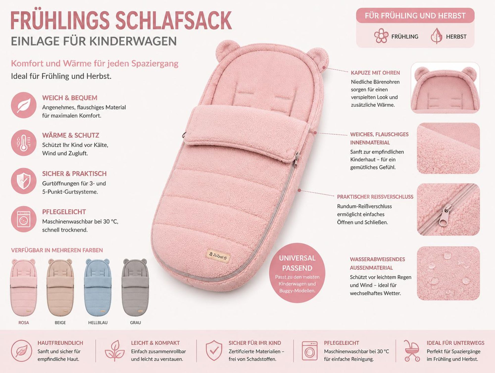Leichter Kinderwagen Fußsack Rosa / Pink Frühling Herbst, Buggy Universal Fußsack, Sitzauflage Übergangsschlafsack für Baby & Kleinkind, 90cm