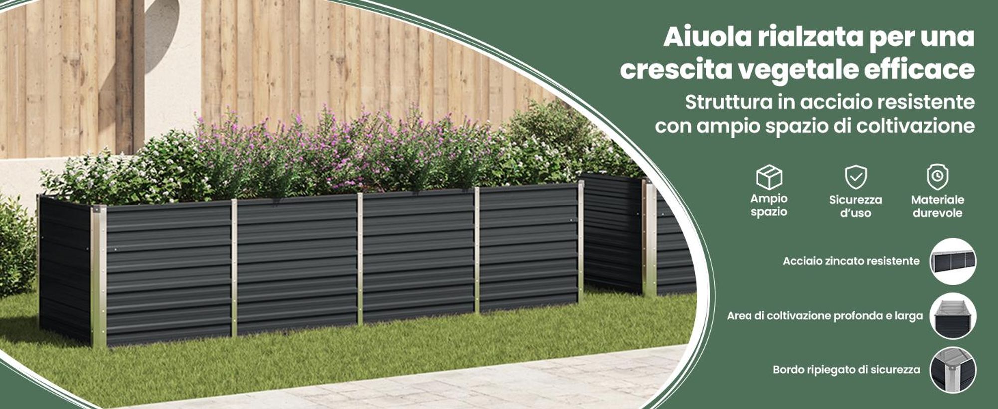 vidaXL Letto da giardino rialzato antracite 320 x 80 x 77 cm Acciaio zincato