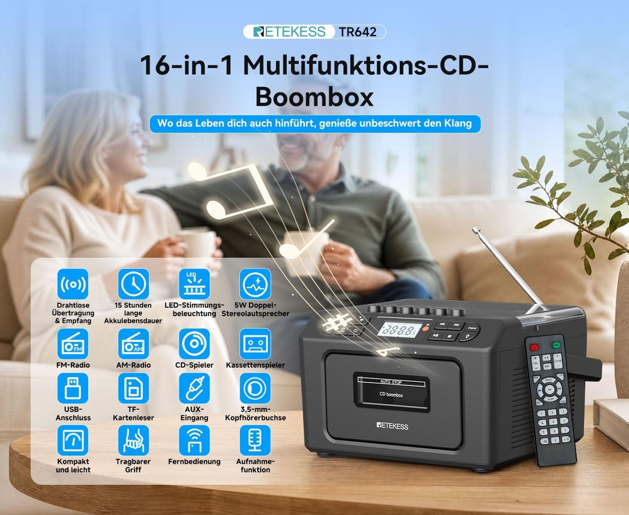Retekess TR642 Radio mit CD Player, 3W Lautsprecher,Stereo, Bluetooth,AM/FM-Radio,AUX,5000mAh Akku,Boombox Kassettenspieler für Kinder Erwachsene