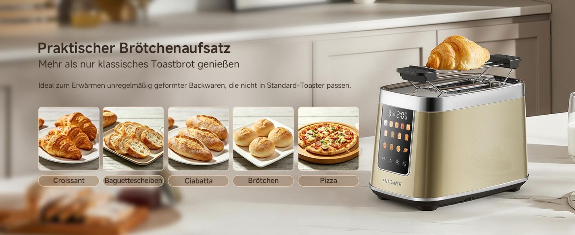Dreame Smart Toaster 2 Scheiben,5,3-Zoll-IMD-Touchscreen,Motorisiertes Auto-Lift-Design,8 Brotprogramme&6 Bräunungsstufen,3 praktische Funktionen,Gold
