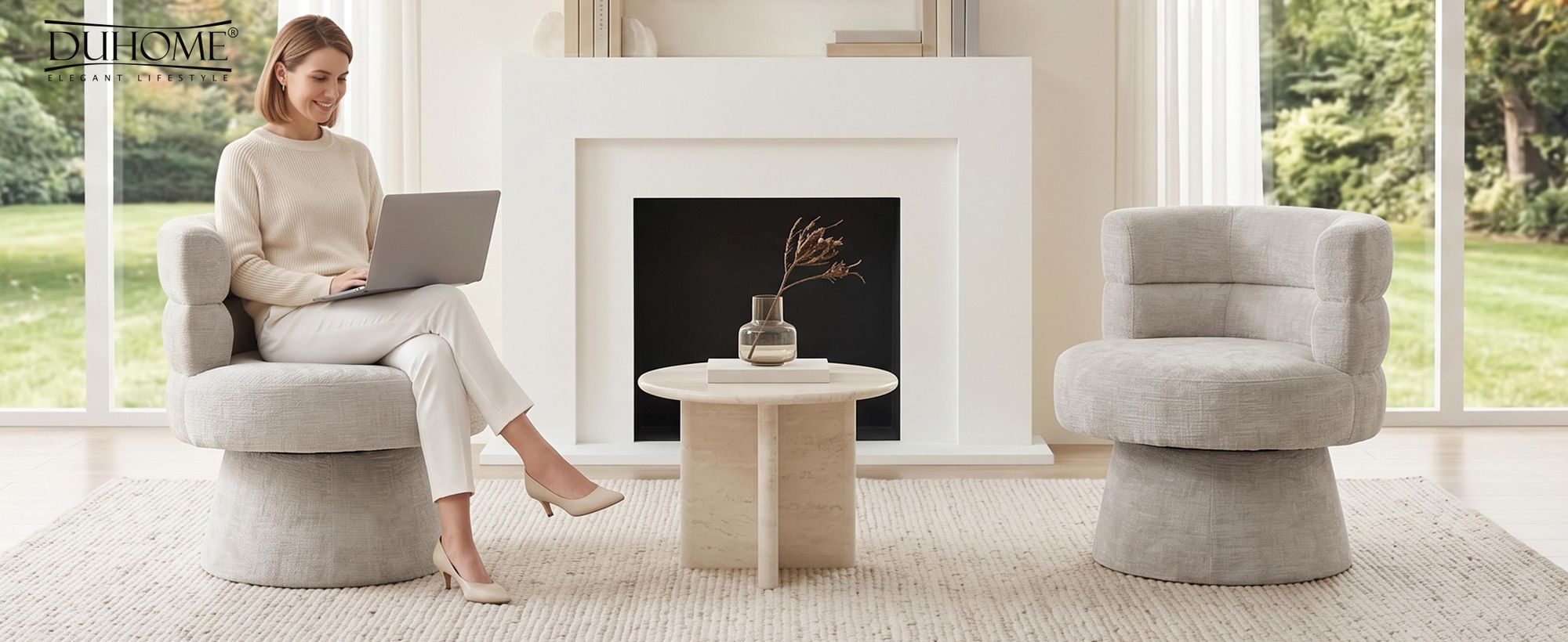 Duhome Drehsessel Modern Loungesessel aus Chenille Polstersessel 360° Drehbar Cocktailsessel für Wohnzimmer Schlafzimmer Salon, Beige