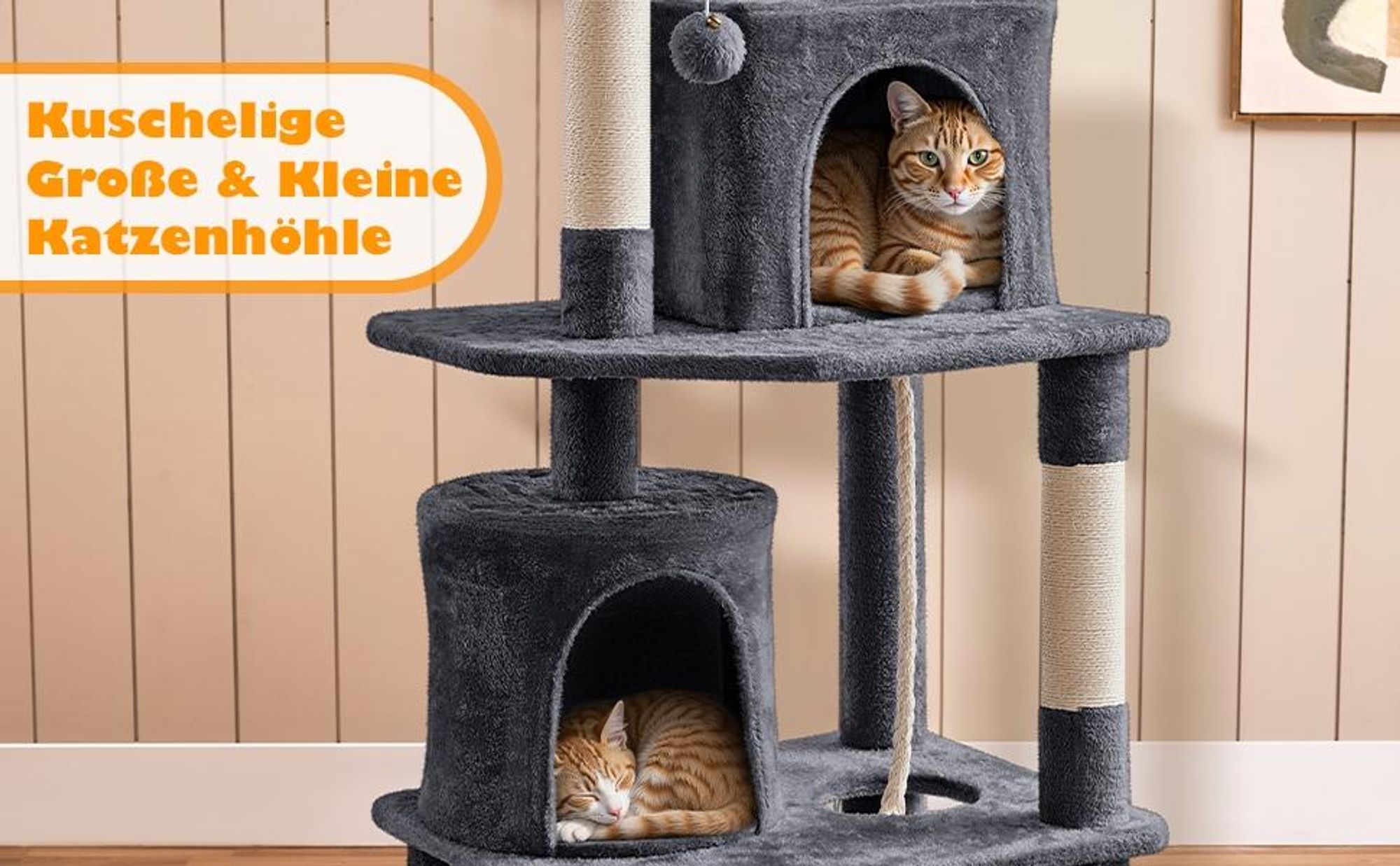 Yaheetech Kratzbaum 181 cm H, mit 2 Katzenhöhlen & 2 Plattformen & 5 Sisalstämmen, großer Katzenkratzbaum stabil, Dunkelgrau