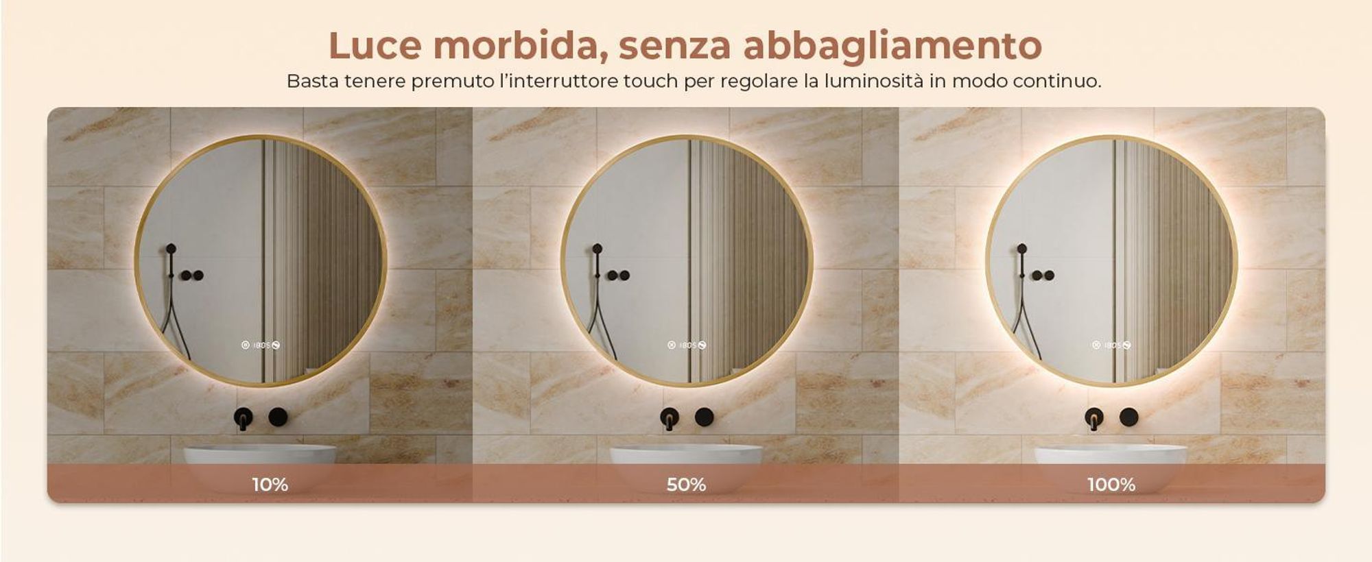 S'AFIELINA Specchio da bagno LED Rotondo 70cm, touch, antiappannamento, dimmerabile, orologio, temperatura, memoria, oro