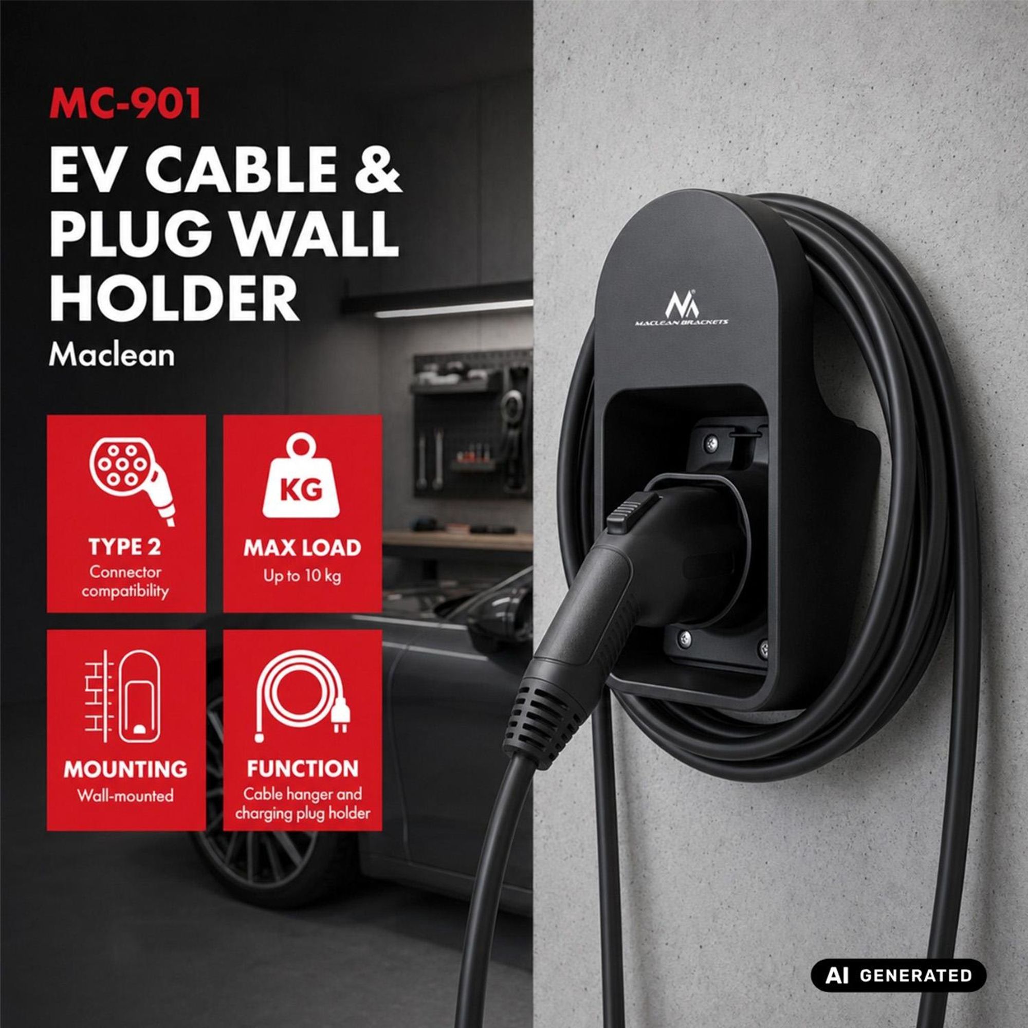 Wandhalterung für Kabel und Stecker des Maclean-EV-Ladegeräts universell Typ 2 max. Belastbarkeit 10 kg MC-901
