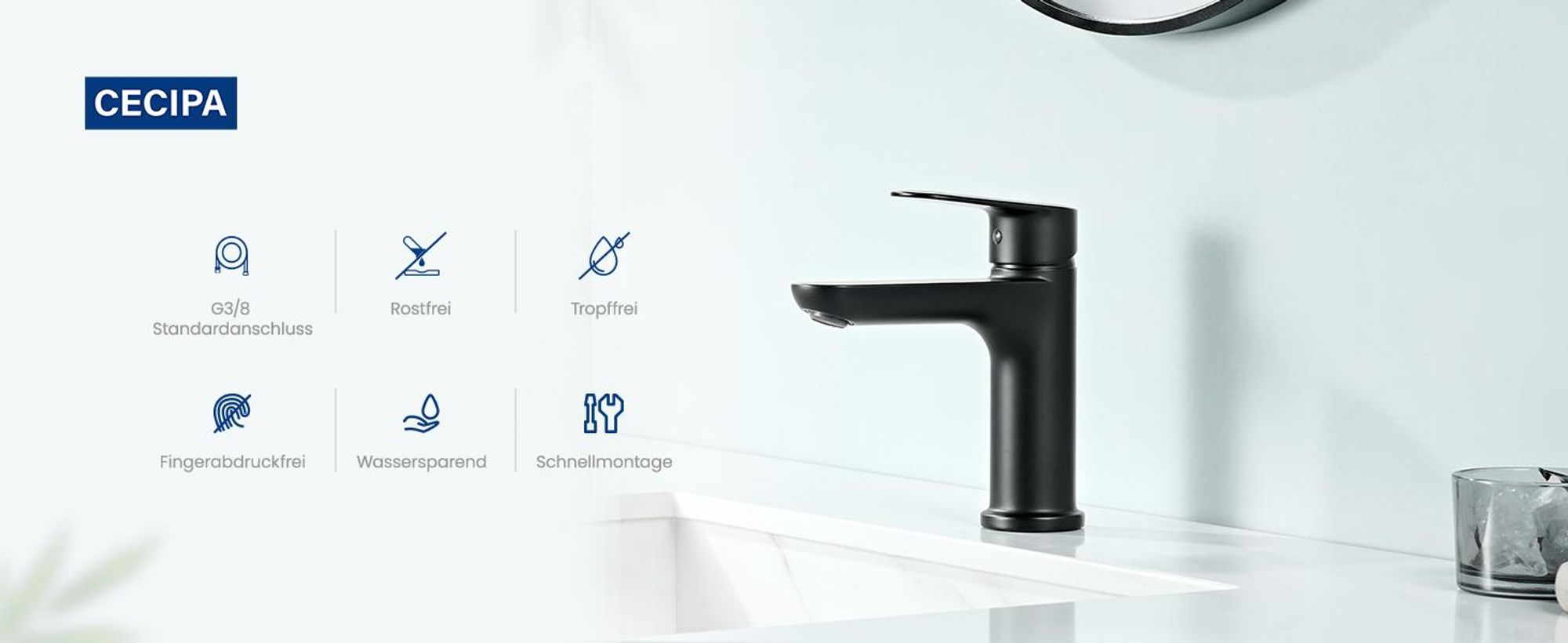 Cecipa Wasserhahn Bad Waschtischarmatur Schwarz, Waschbeckenarmatur Schnellmontage, Badarmatur Kalt Warm Mischbatterie Schwarz Wassersparend