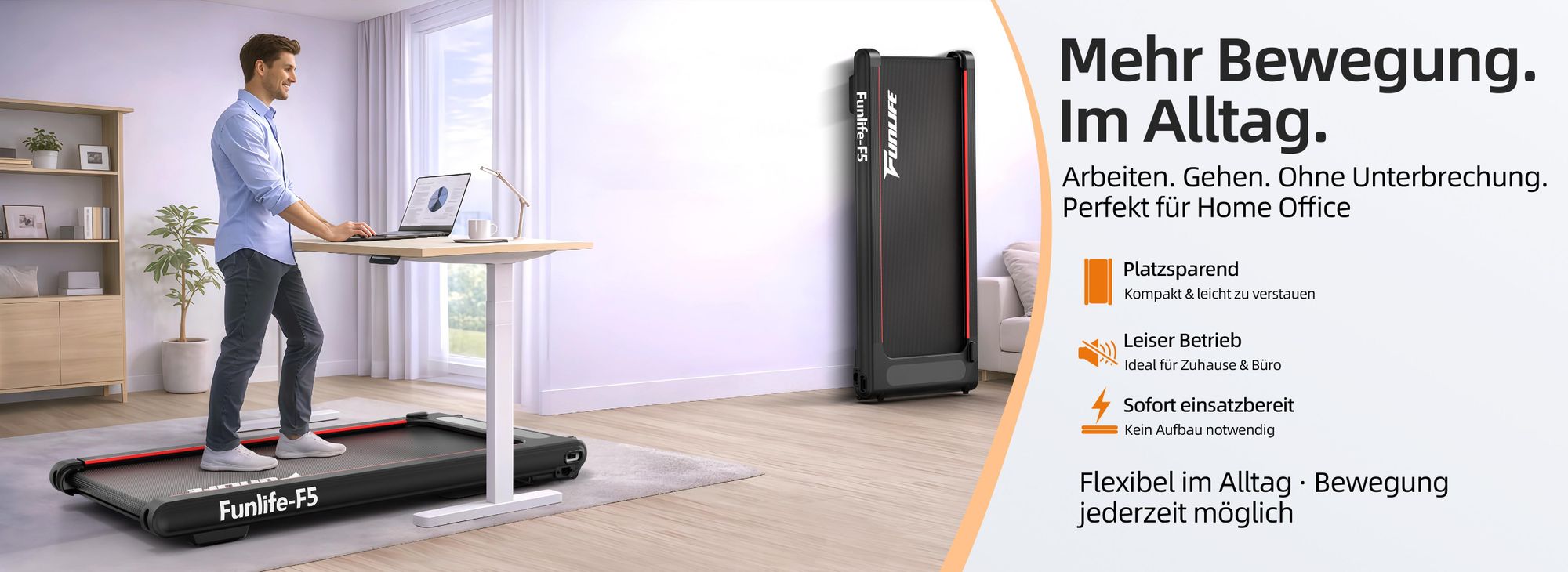 FunLife F5 Walking Pad im Home Office unter höhenverstellbarem Schreibtisch