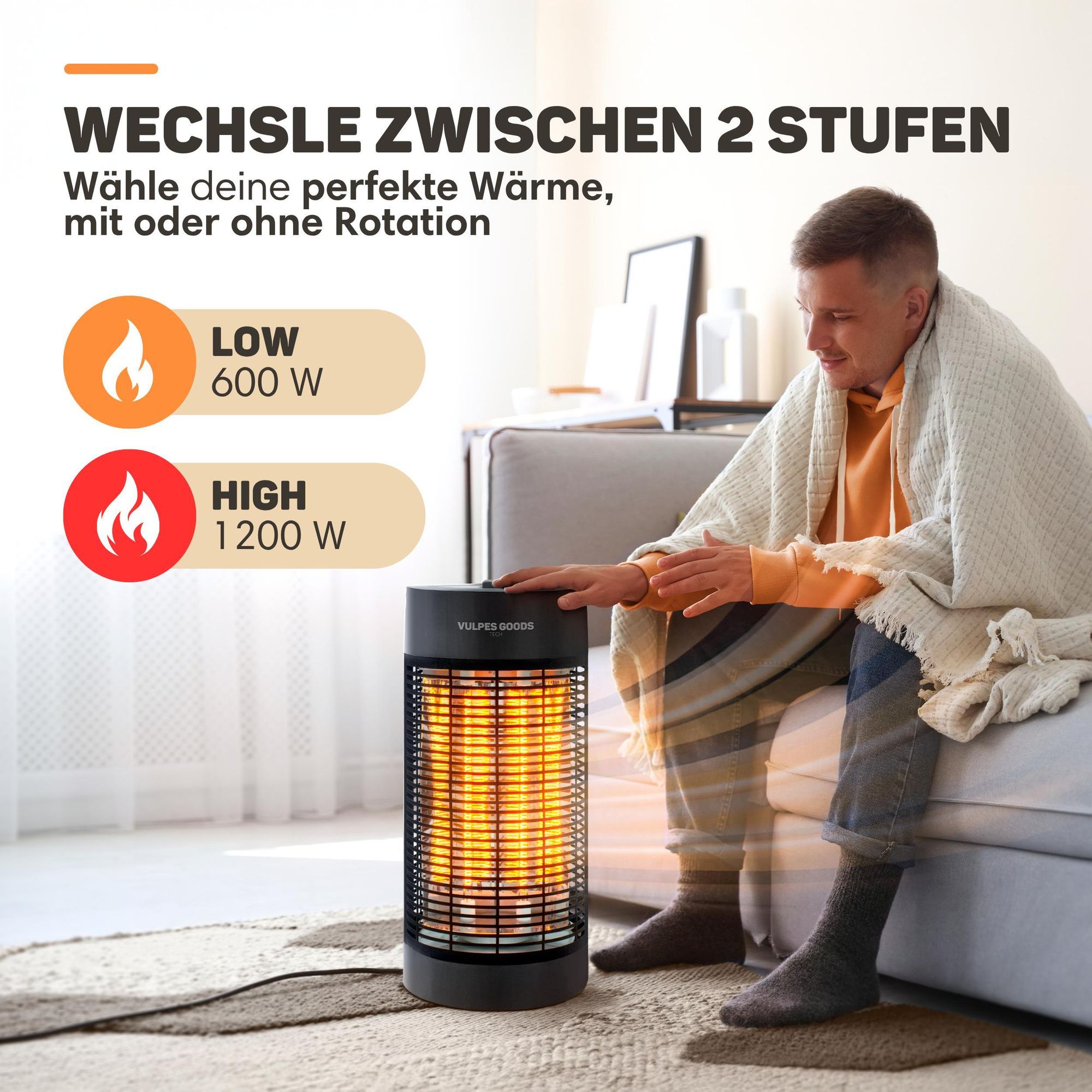 Infrarot Heizstrahler elektrisch mit 600 W & 1200 W Stufe, Innen / draußen geeignet- Terrassenheizer - elektrischer Infrarotstrahler, Infrarotheizung