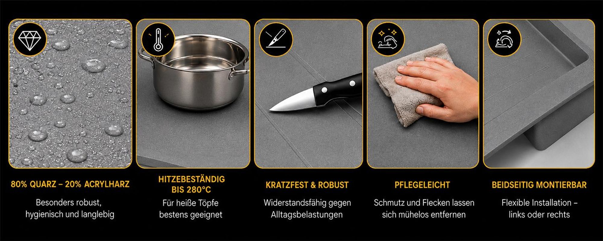 Granitspüle 76x44 cm mit Armatur Grau – Küchenspüle aus Granit, Einbauspüle Eckig, Beidseitig Montierbar, Spülbecken inkl. Siphon Set, Für 45 cm Unterschrank, Kratzfest & Hitzebeständig : Grau