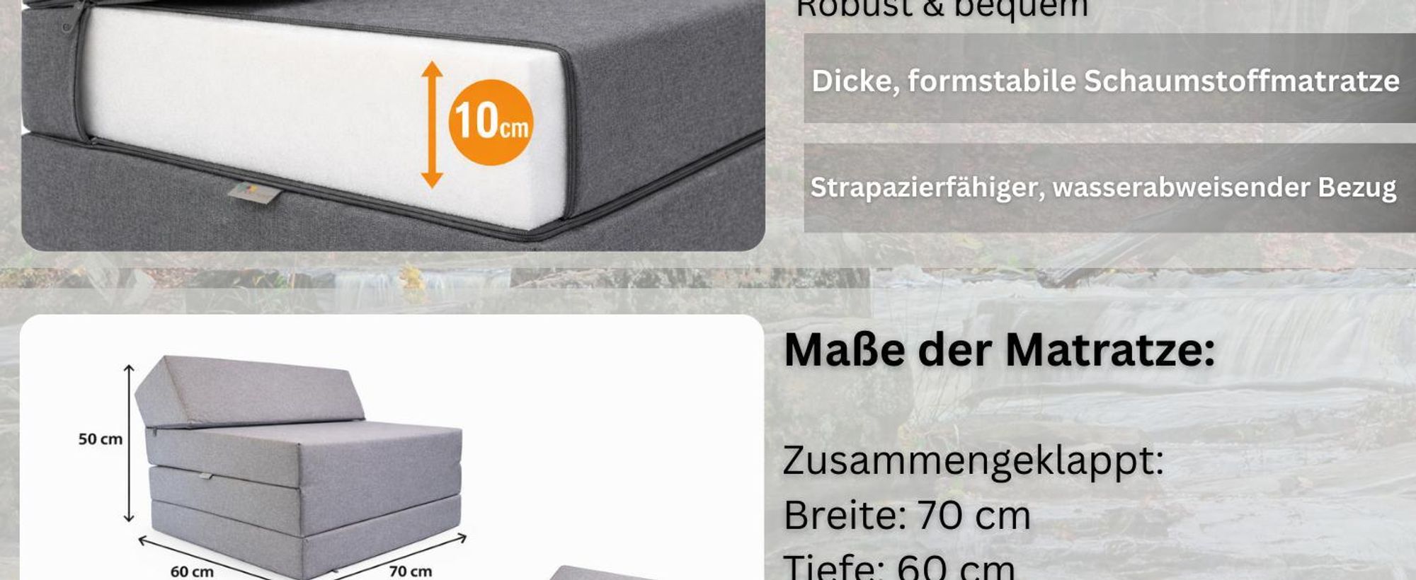 Klappmatratze mit Kopfteil Wasserfester Outdoor-Bezug Beige Matratze Faltmatratze Camping Erwachsene Kinder  200x70x10cm