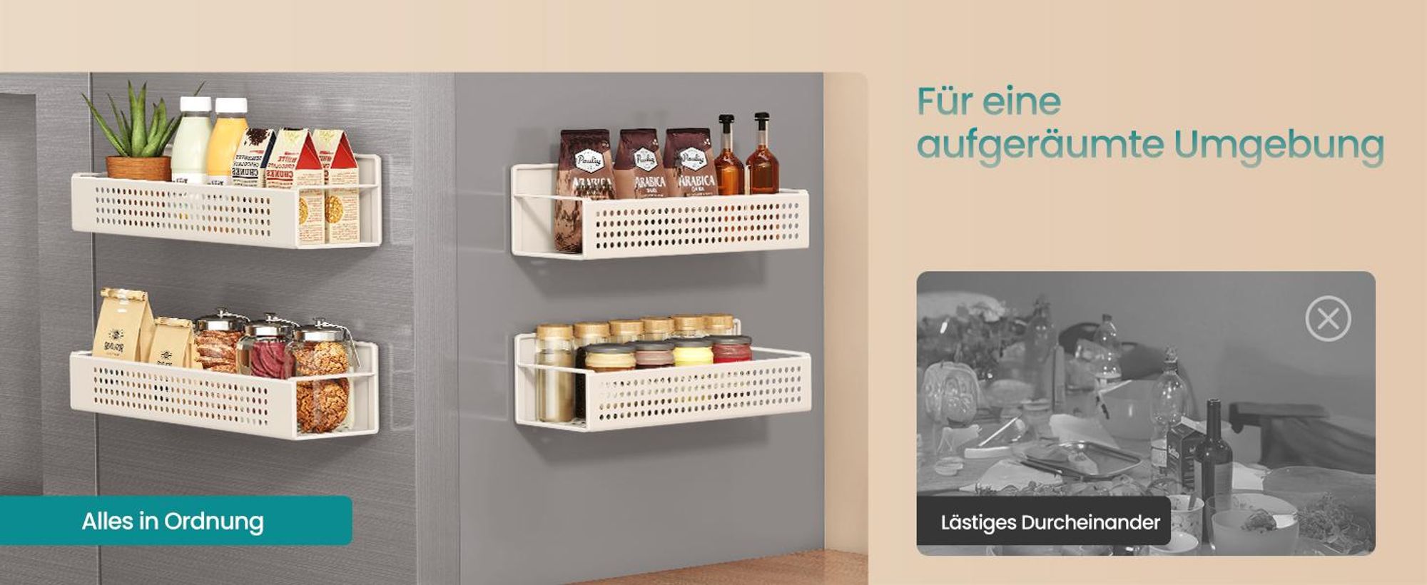 Gewürzregal magnetisch, 4er Set, 2 große und 2 kleine Regale, Magnetregal ohne Bohren, Kühlschrank, cremeweiß