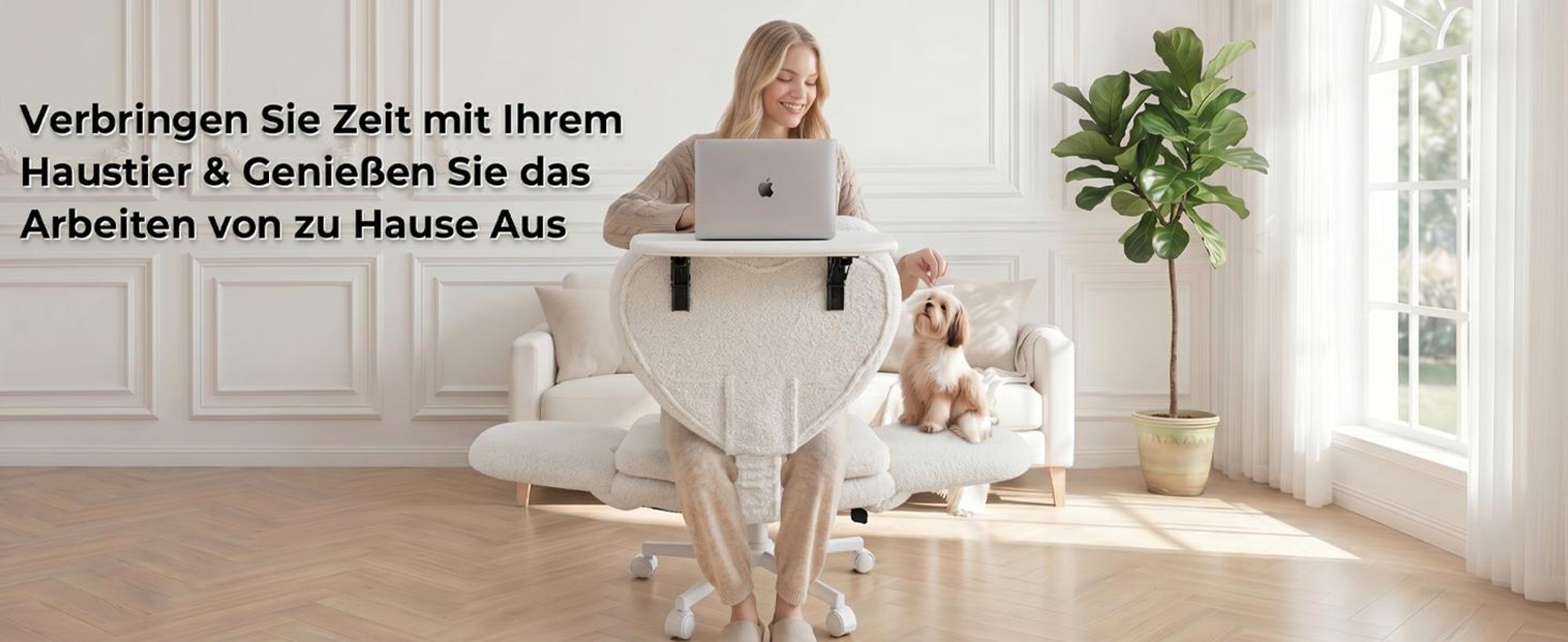 Bürostuhl Gamingstuhl mit Teddybezug, drehbar, mit klappbarer Tischplatte und Rollen, für Arbeitszimmer, Weiß