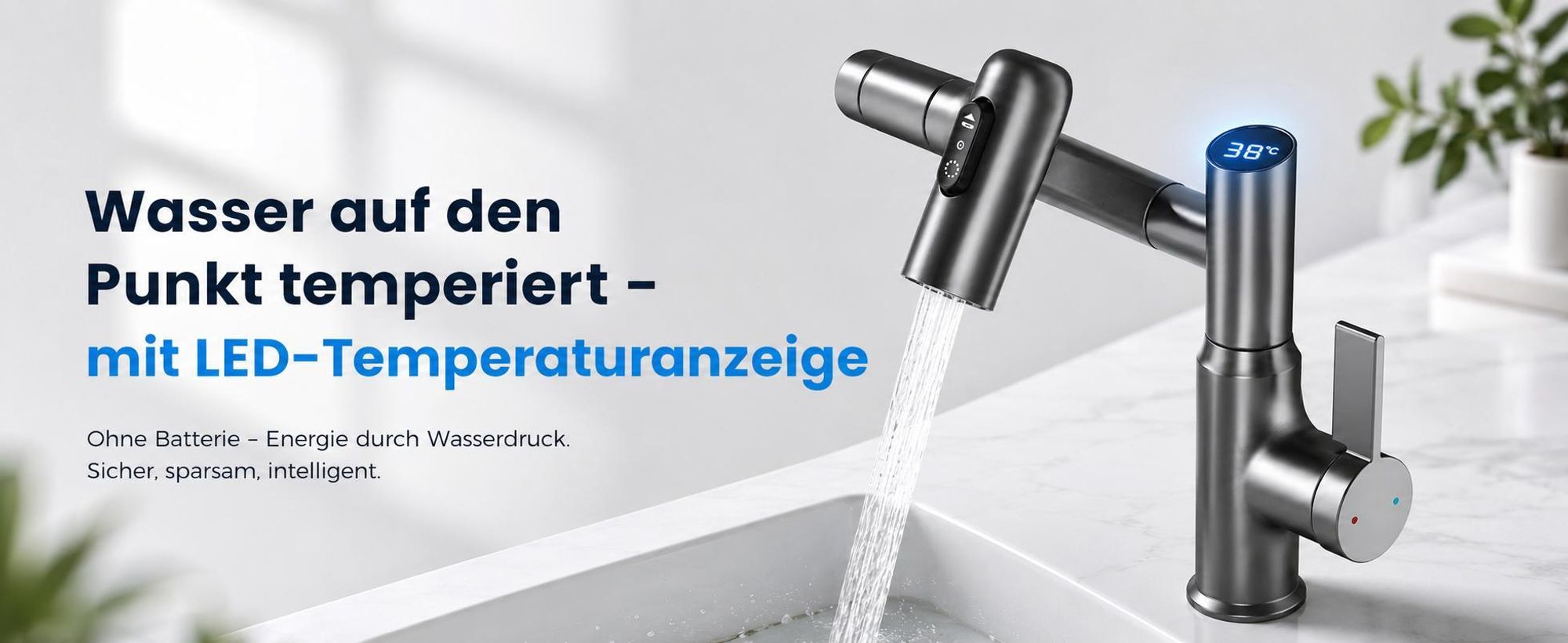 Wasserhahn Bad mit 3 Strahlarten, LED-Temperaturanzeige Armaturen küche, 360° drehbar, Edelstahl, Keramikventil, für Bad & Küche