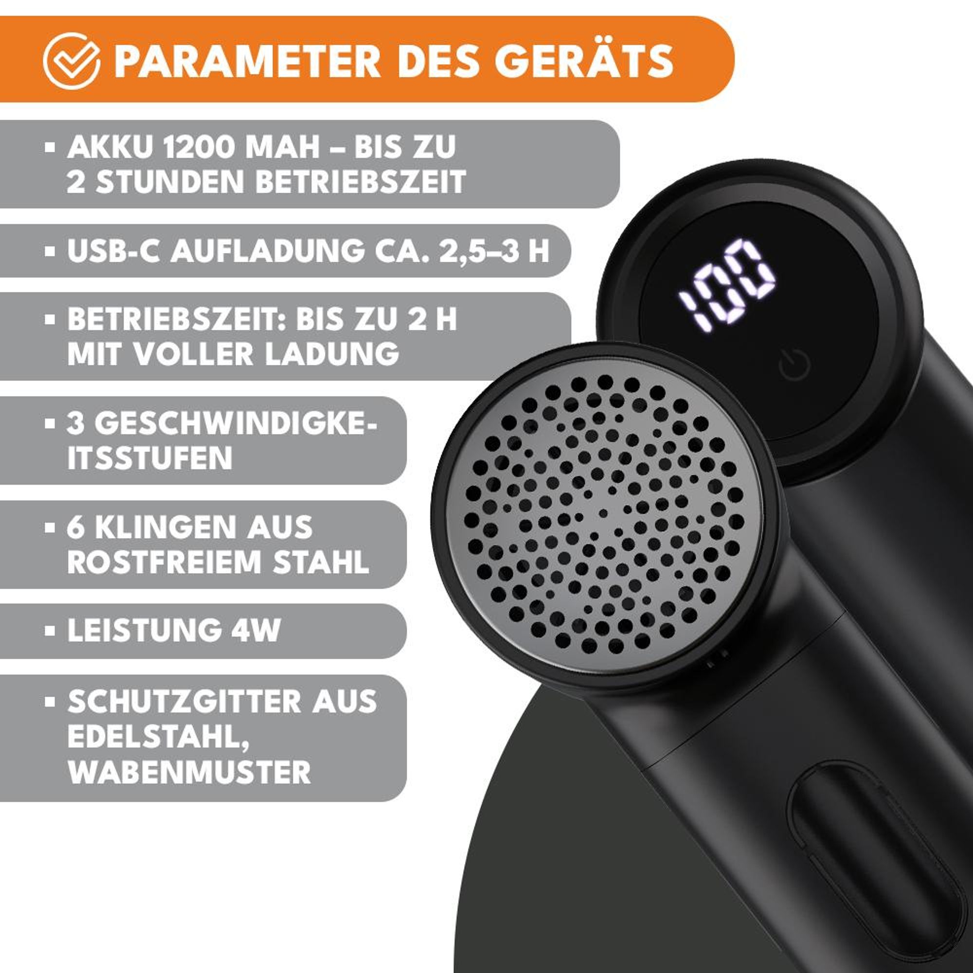 KRUMAD Fusselrasierer elektrisch mit LED Display – 6-Klingen Fusselentferner mit 3 Geschwindigkeiten & 1200 mAh Akku – Wiederaufladbarer Pilling Entfe